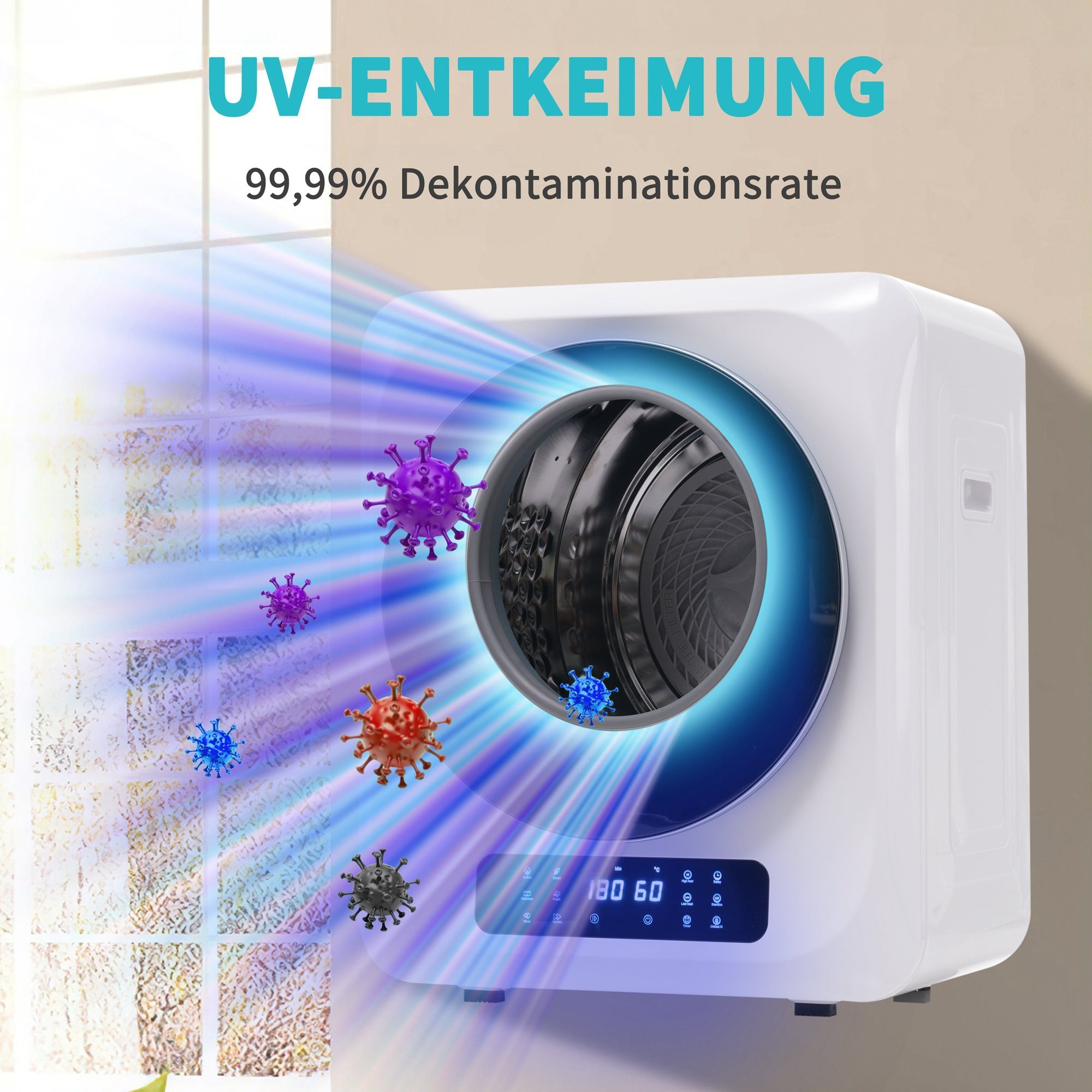 Ablufttrockner mit UV-Sterilisation und LED-Display, mini-Wäschetrockner freistehend/hängend ASMN205C