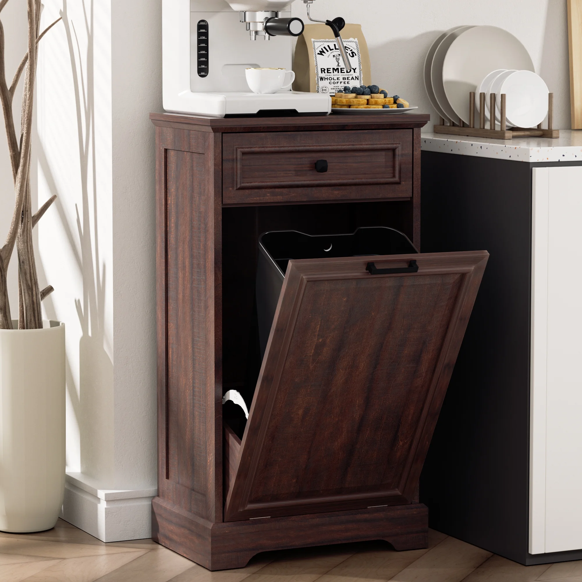 HARIPUL Single Tilt Out Trash Cabinet for 13 Gallon Waste Bin, Free Standing Kitchen Trash Can Cabinet with Drawers, White