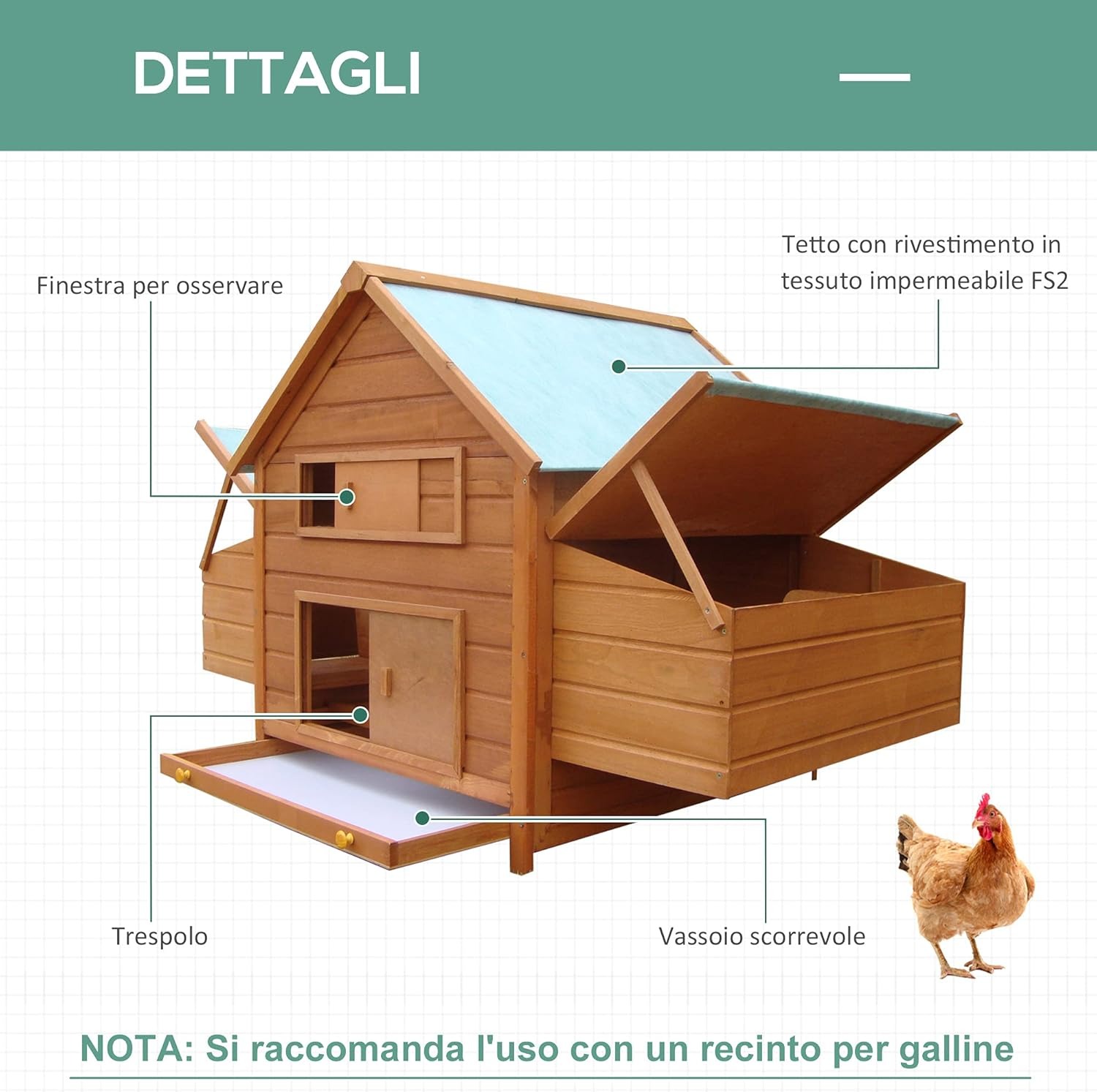 PawHut Pollaio da giardino Gabbia per Galline in Abete, legno e verde, 160x98.5x107cm