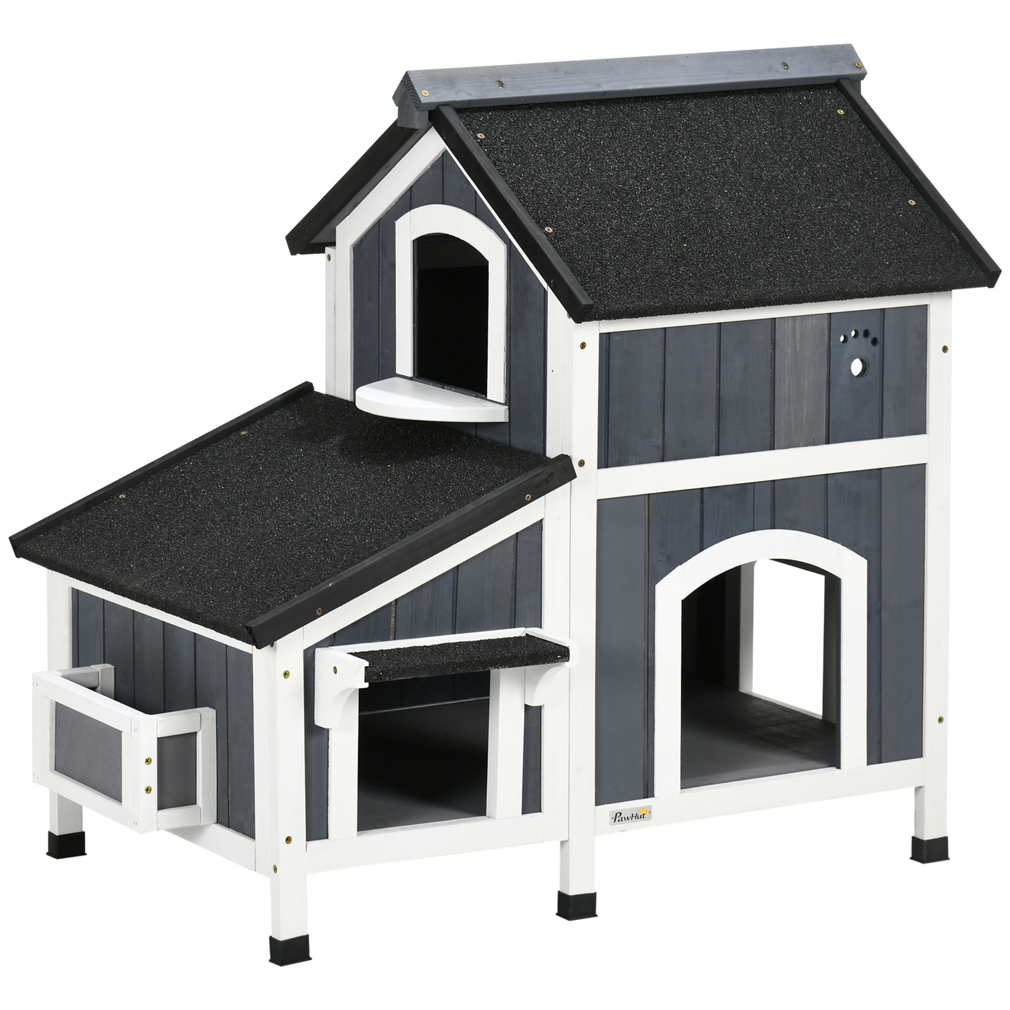 PawHut Outdoor-Katzenhaus, zweistöckig, Bodenabstand, Naturholz, Asphaltdach, grau, 96 x 65 x 85,5 cm