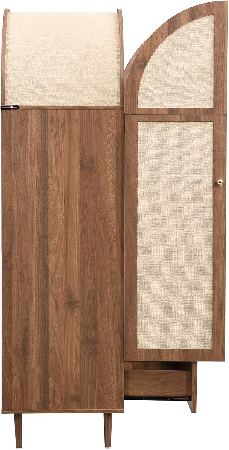 Children's Bedroom Wardrobe with Fabric Doors and Drawer, Walnut Effect, Wooden Feet, Practical Storage for Clothes and Accessories, Bedroom Compartments
