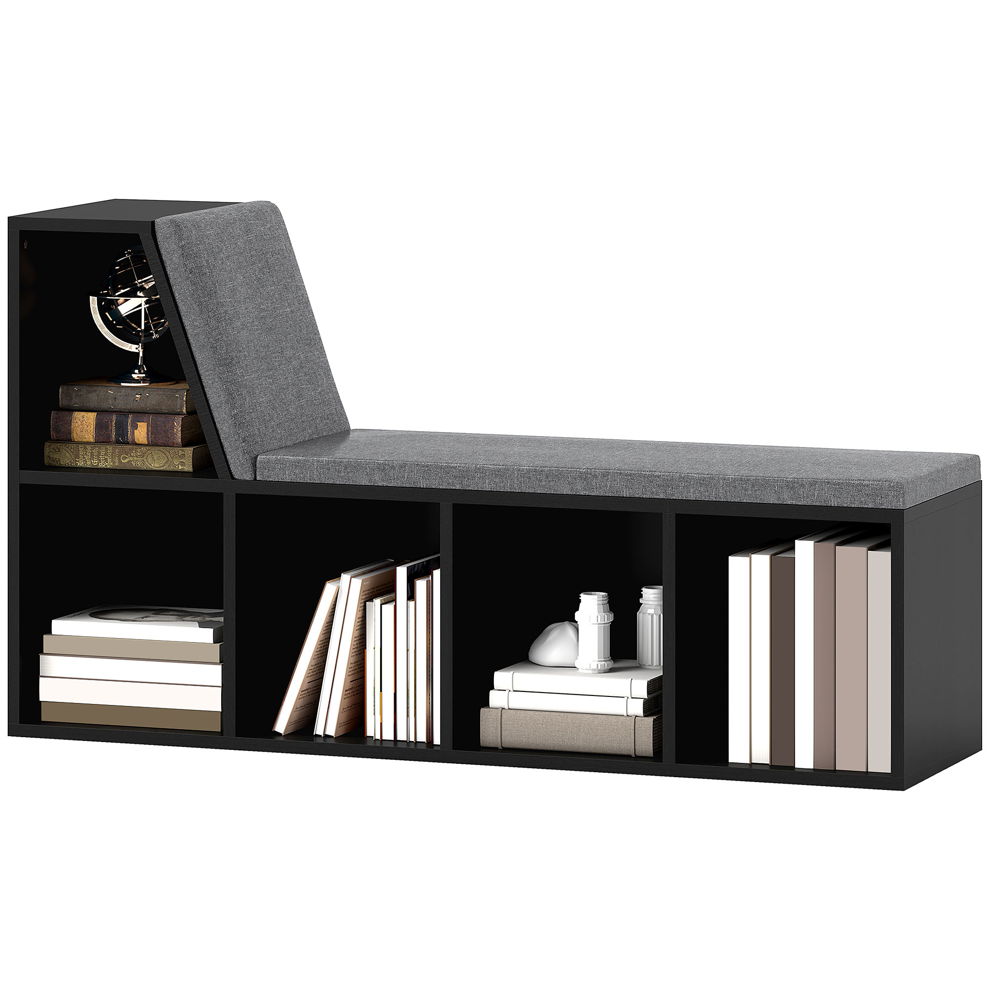HOMCOM Bücherregal Bank 2 in 1 mit 5 Aufbewahrungsfächern und 2 Kissen 108 x 30 x 60 cm Schwarz Grau