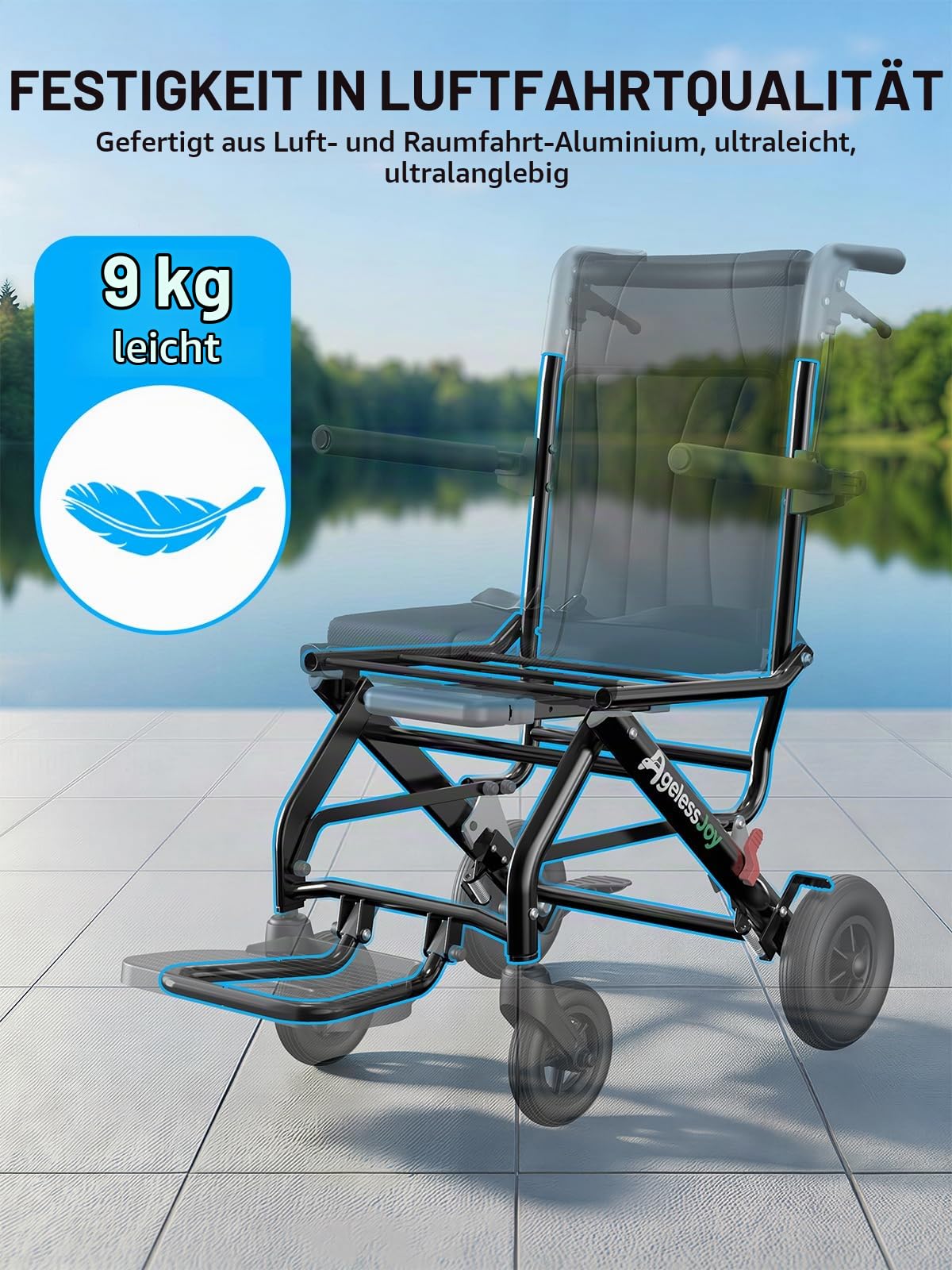 Faltbarer Ultraleicht Rollstuhl ca. 9 kg mit Teleskopgriff, All-Terrain-Räder, Sicherheitsgurt und Aufbewahrungstasche