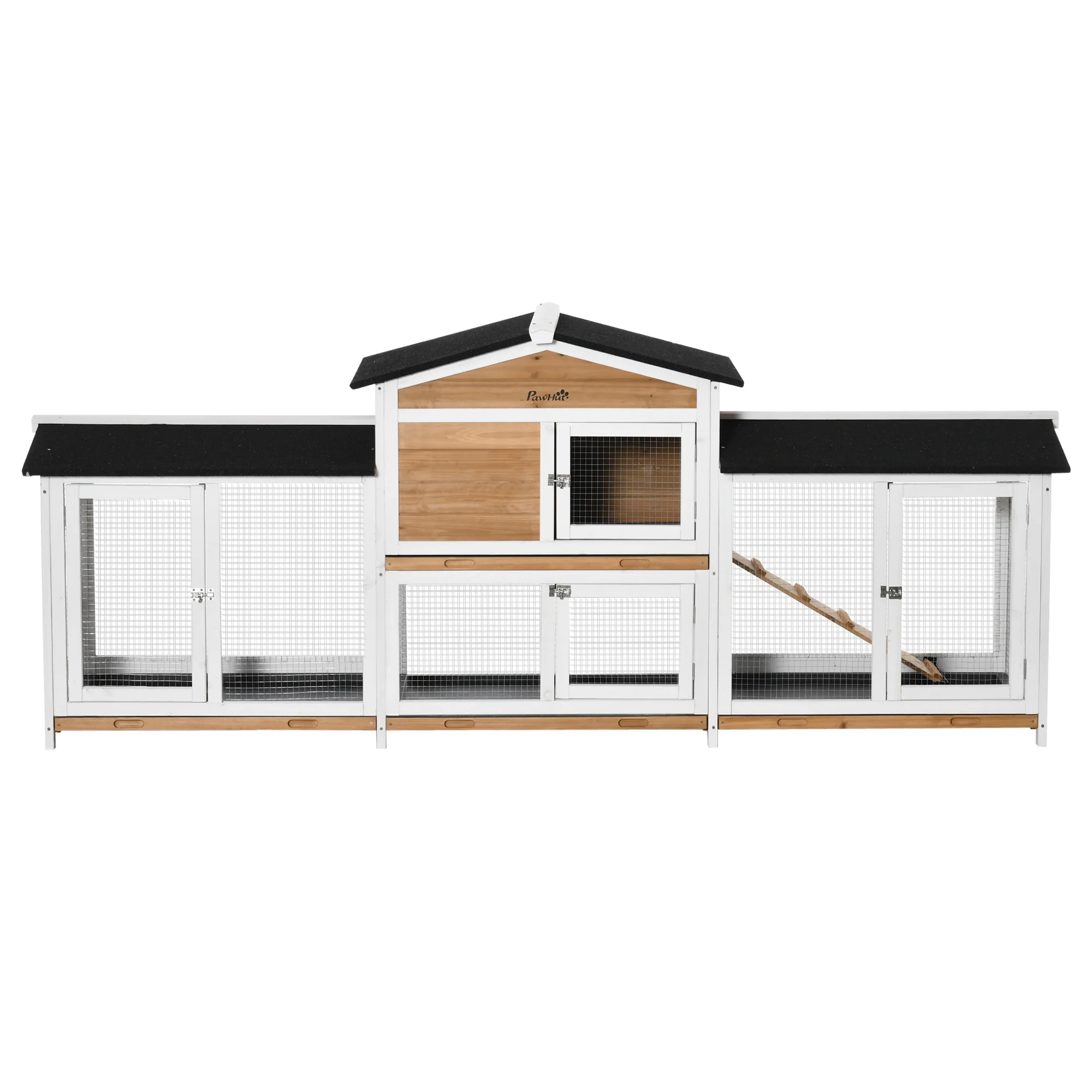 PawHut konijnenhok met ren, hok voor kleine dieren, dwerg konijnenhok met oprit, cavia hok, kooi voor kleine dieren, dwergkonijn kooien voor buiten, winterklaar, sparrenhout, wit, 230 x 53 x 93.5 cm