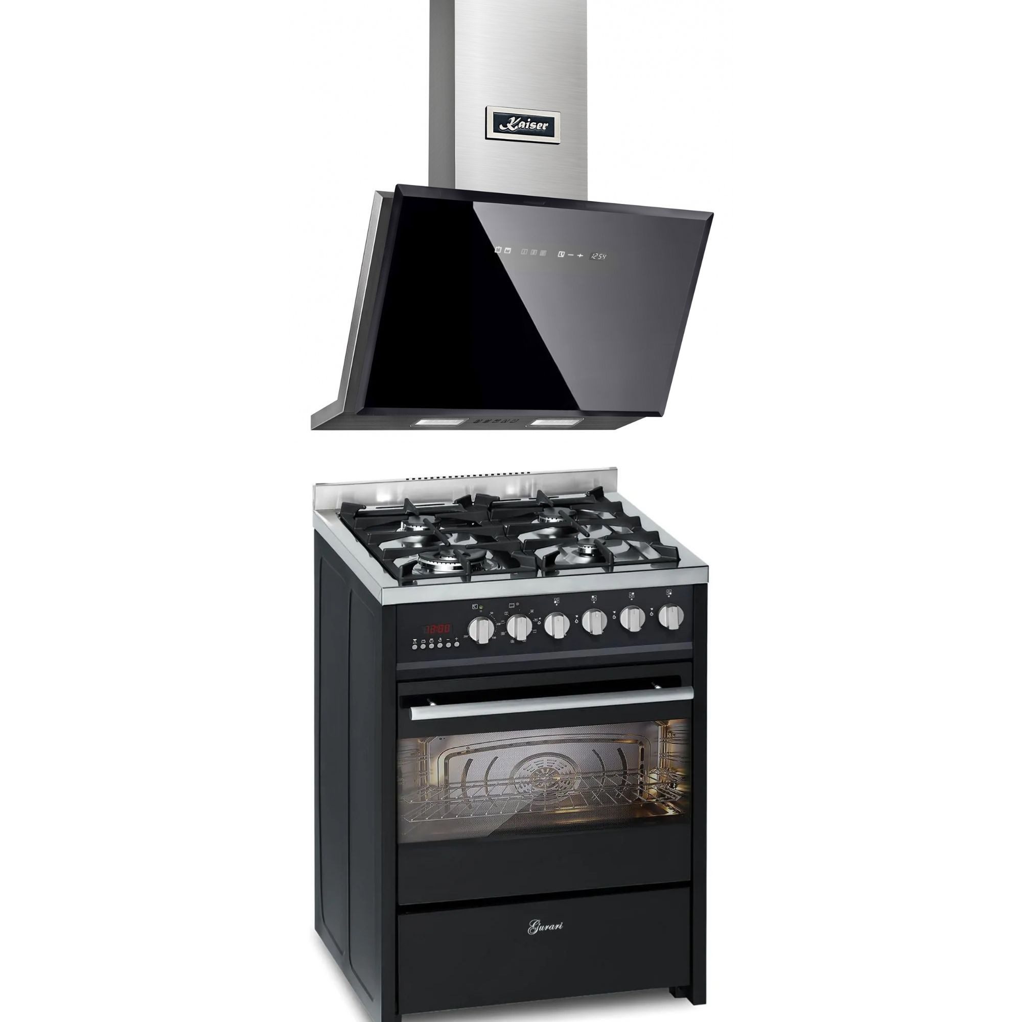 Gas-Standherd 60 cm Schwarze Gasherd mit Elektrobackofen 60 L Range Coocker+Dunstabzugshaube 60 cm GCH E 610 BL+AT 6430 F ECO