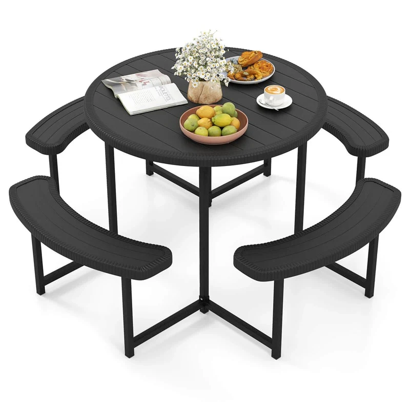 8 Person Round Outdoor Picnic Table Bench Set with Umbrella Hole, All-Weather HDPE Tabletop & Metal Frame for Patio Garden Yard