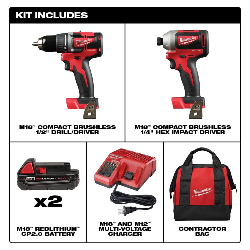 M18 18V Lithium-Ion Brushless Cordless Compact Drill/Impact Combo Kit (2-Tool) W/ (2) 2.0Ah Batteries, Charger & Bag 2892-22CT