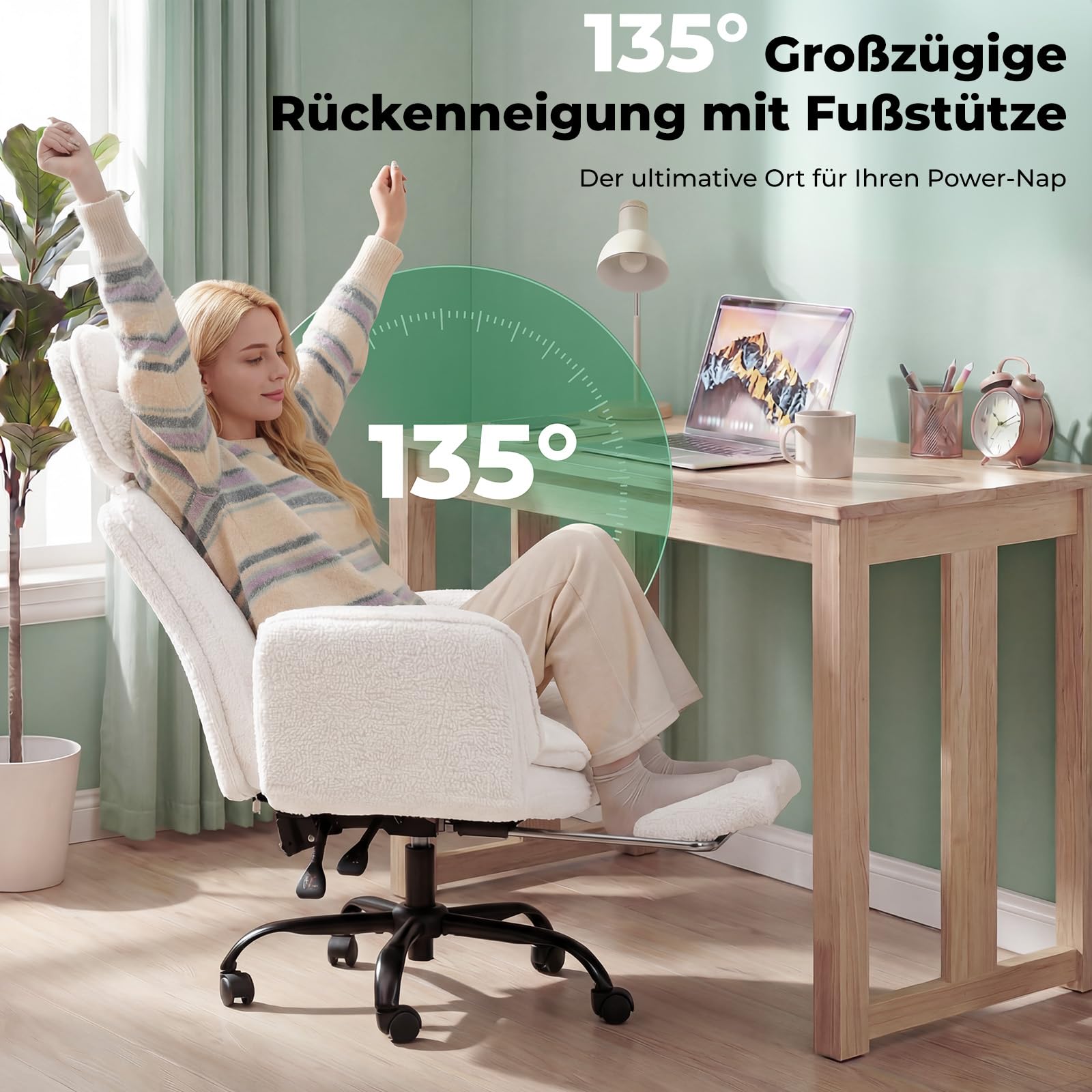 Big & Tall Bürostuhl mit extra breiter Sitzfläche und Teddyplüsch-Bezug, höhenverstellbar bis 181 kg