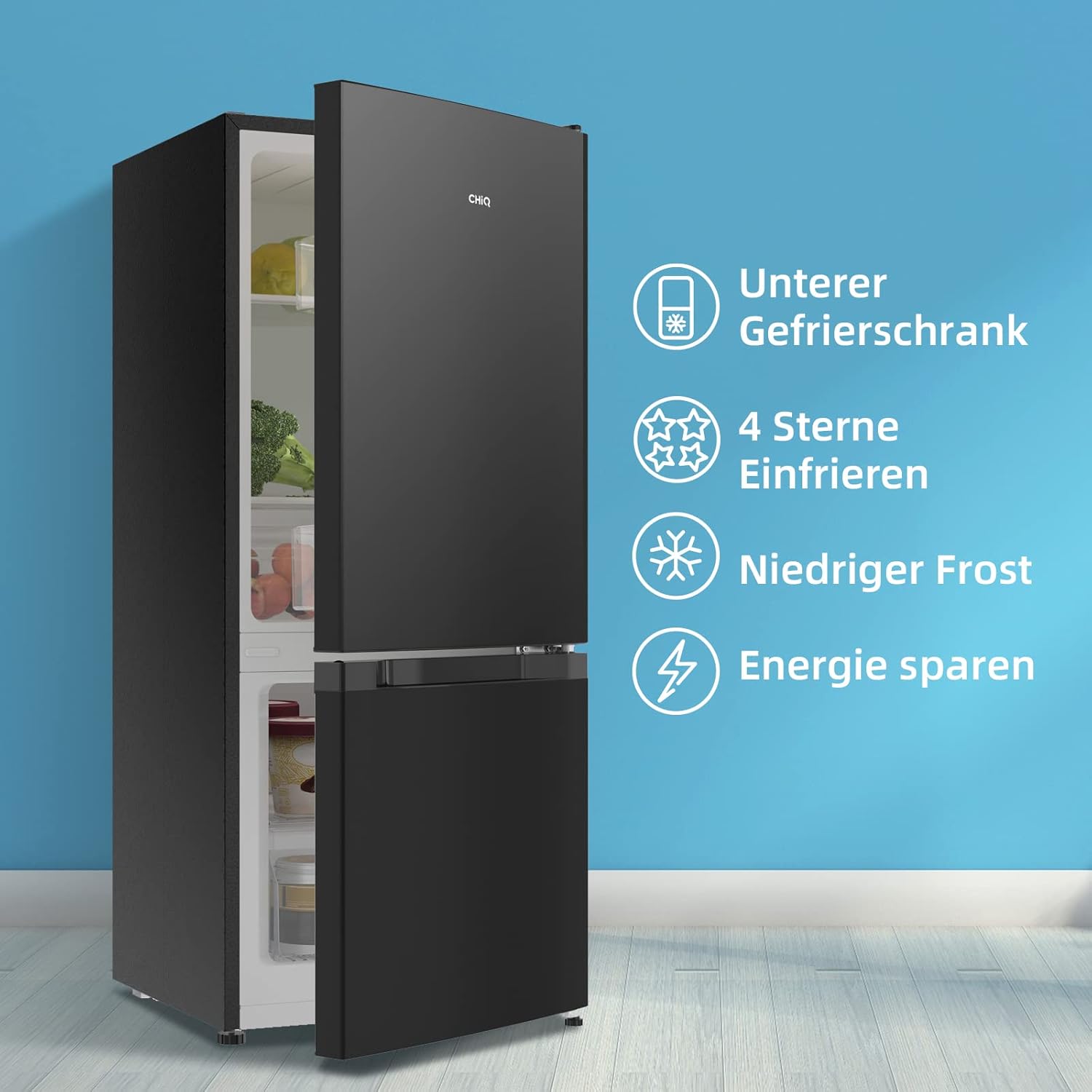 CHIQ CTT107BC Kühlschrank Klein 107 Liter, Höhe 84cm, Tiefe 55cm, Platzbedarf nur 0,3 ㎡, Mikro-Gefrierfach, Vario Box, 7 Temperaturregelstufen, geräuscharm, 87 kWh/Jahr, Schwarz