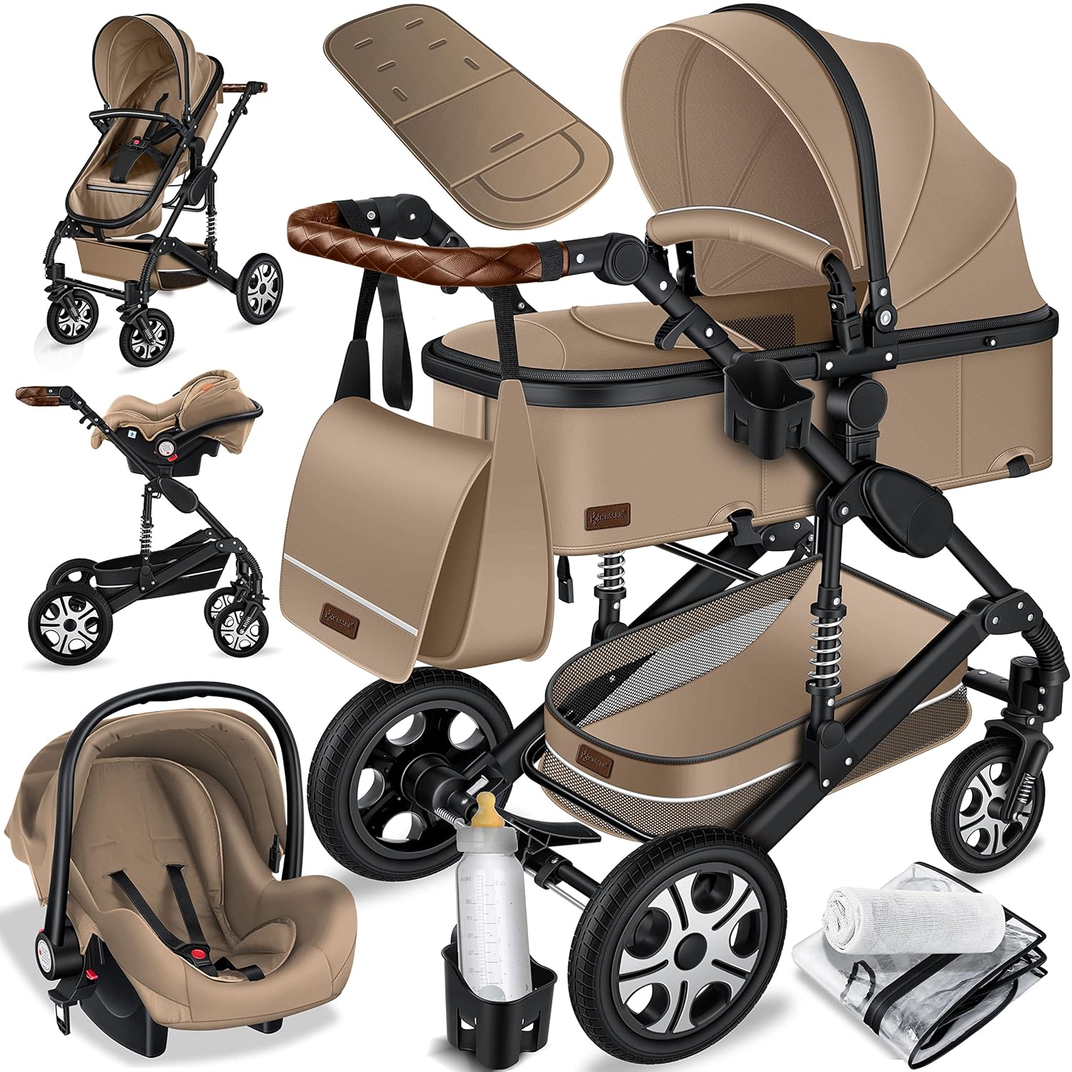 KESSER Loops 3-in-1 kinderwagen combiwagen complete set incl. reiswieg & buggyzitting & autostoel volrubberen banden luiertas regenhoes kindertafel ECE R129, zwart/champagne