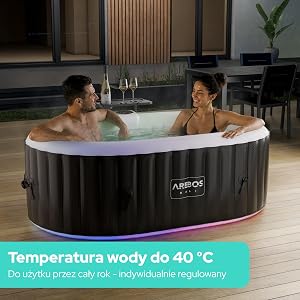 Tekst brzmi: 'Temperatura wody do 40°C' oraz 'Do czasu przez cały rok - indywidualne regulowany'. Dwie osoby w nadmuchiwanej wannie z hydromasażem z czarnym żebrowanym zewnętrzem i marką „ABRION” widoczną z boku.