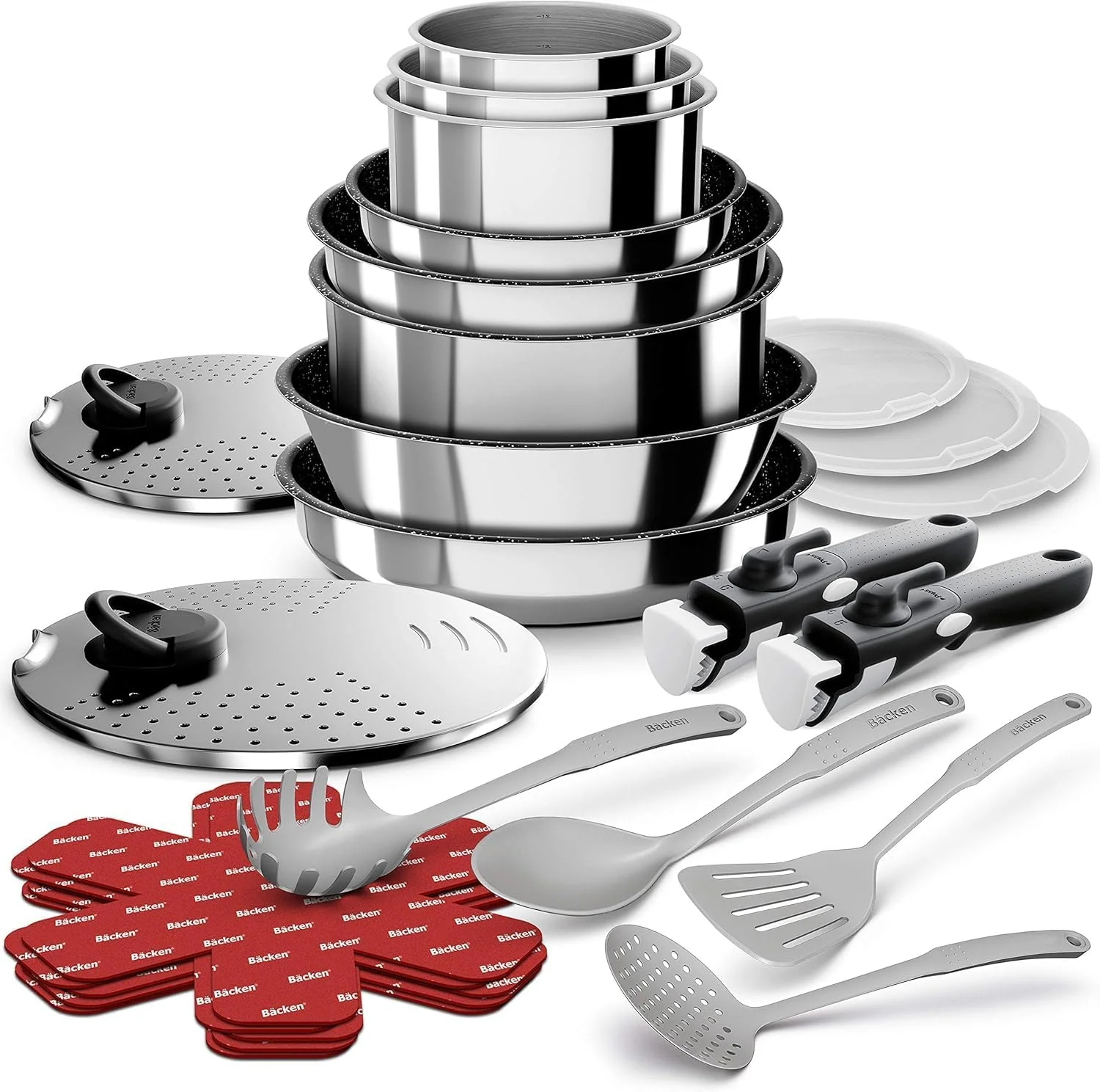 Backen Backofen, Silber, 199924 Kochgeschirr-Set, 24-teilig, Pfannen, Töpfe, Sauteuse, Deckel, Abnehmbare Griffe