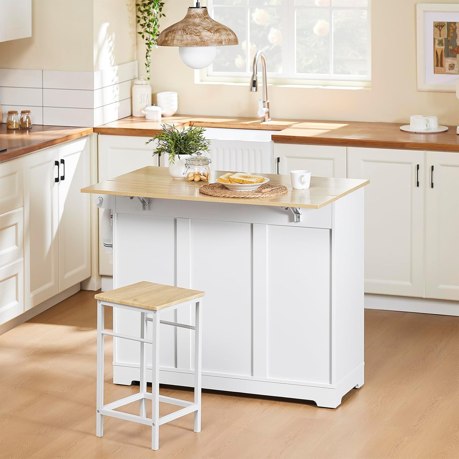 SoBuy Carrello Cucina con Ruote, Isola Cucina con Piano di Lavoro Estensibile in Legno, 2 Cassetti e Ripiani Regolabili Credenza Cucina Salvaspazio Penisola Cucina Bianco 113x(44-69) x91 FKW129-WN
