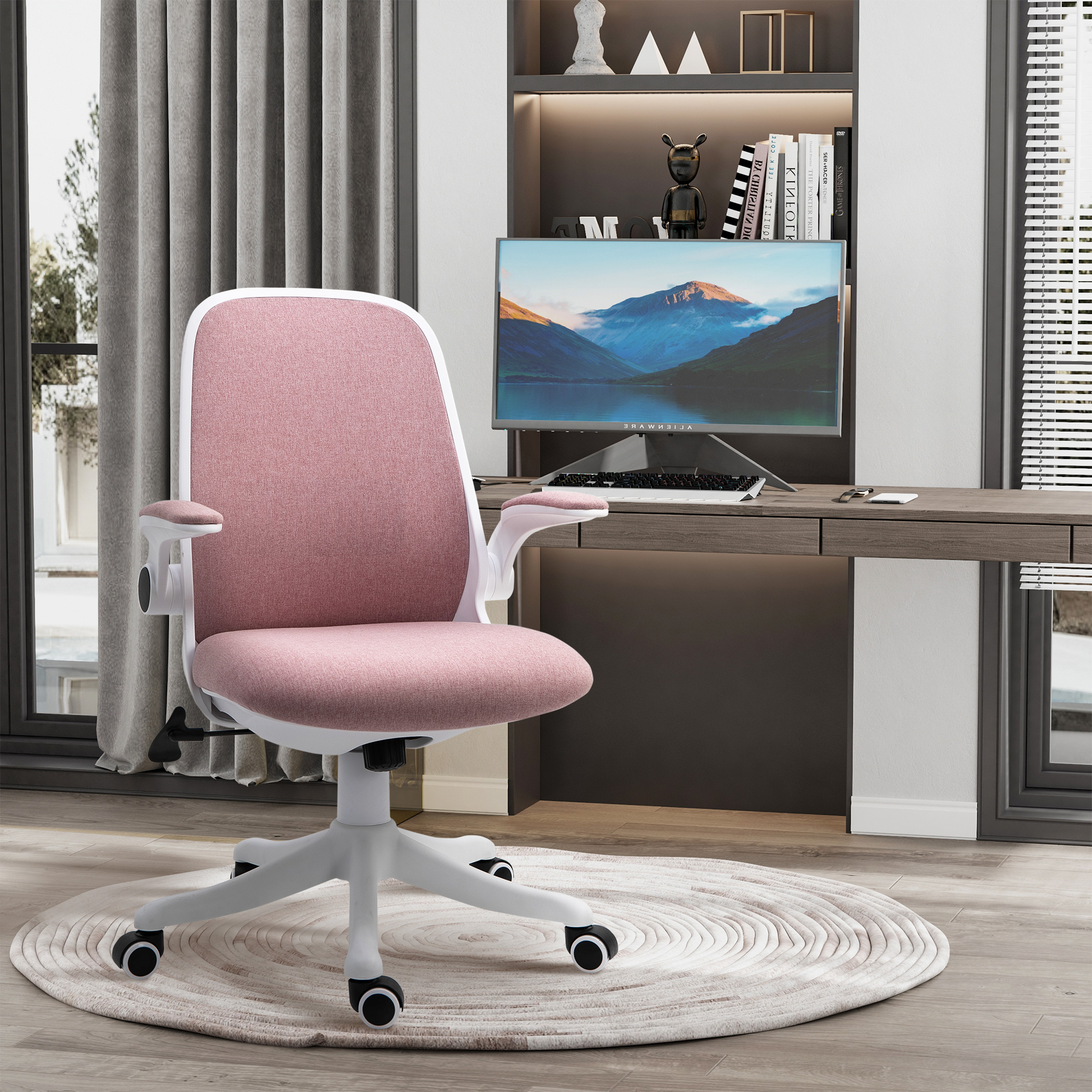 Vinsetto Bürostuhl Leinenstoff höhenverstellbar 360° drehbar hochklappbare Armlehnen einstellbare Lordosenstütze rosa