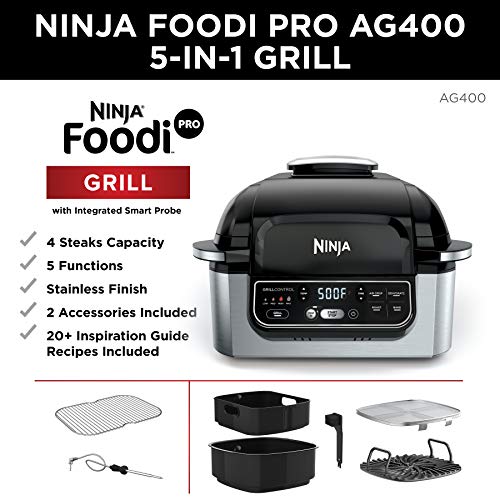 Ninja Foodi Pro 5 in 1 Indoor Integrated Smart Probe, 4 Quart Air Fryer, Roast, Bake, Dehydrate, an Cyclonic Grilling Technology, with 4 Steaks Capacity, Stainless