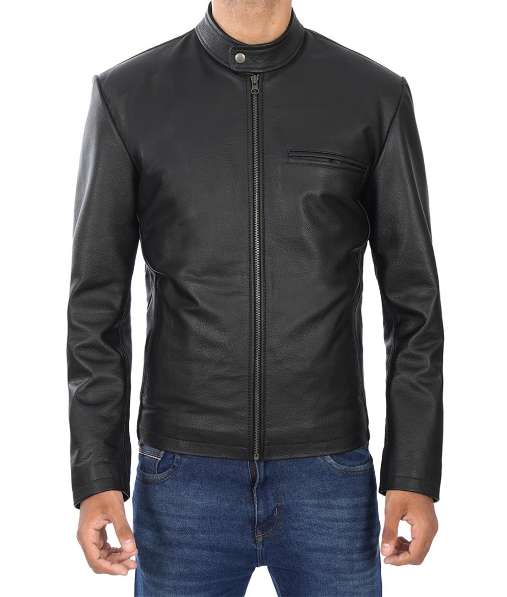 Mens Black Leather Cafe Racer Jacket