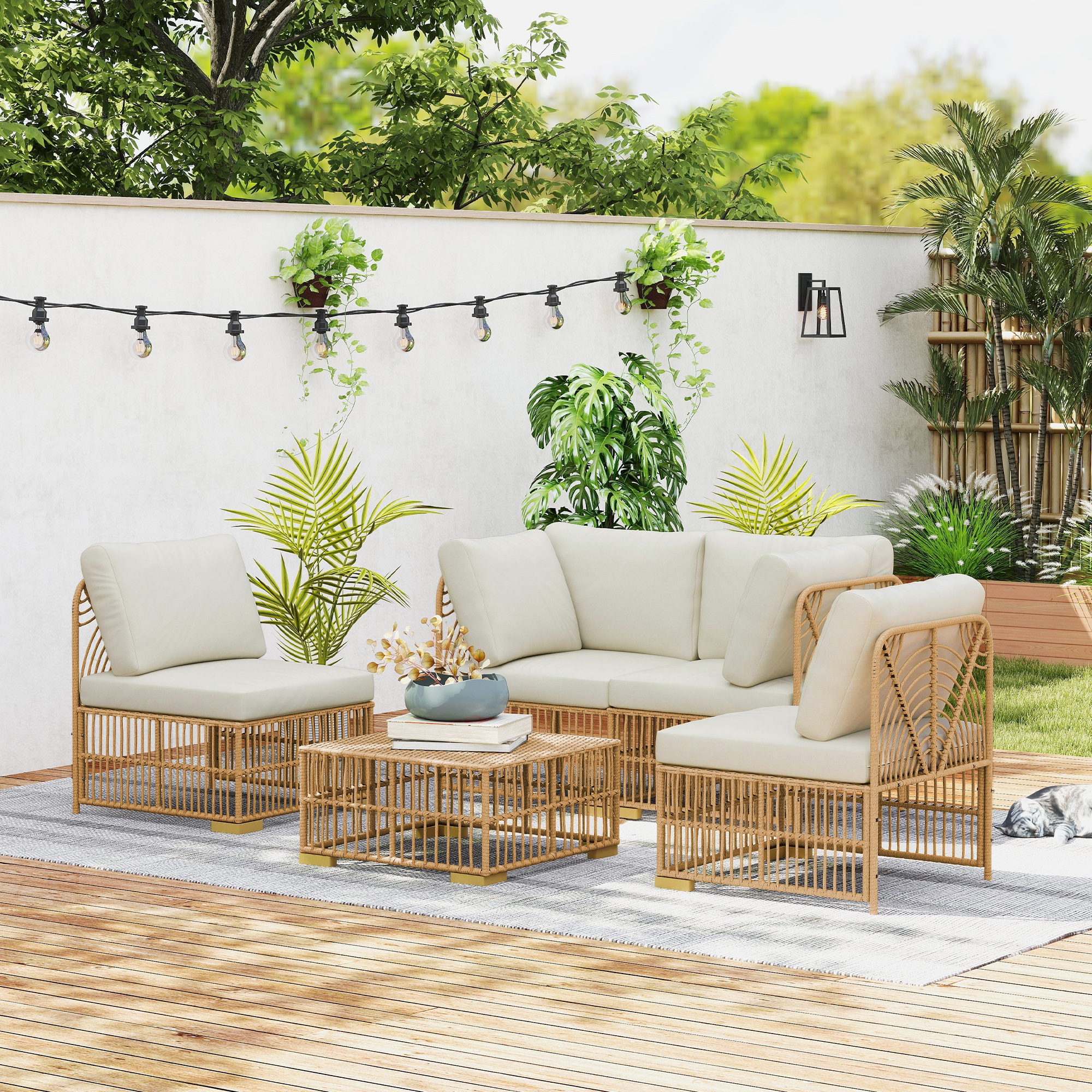Outsunny 5-delige Tuinmeubelset, 2 Hoekstoelen, 2 Middelstoelen, Voetenbank, Zitkussens, Rugkussens, Lichtbruin+Cremewit
