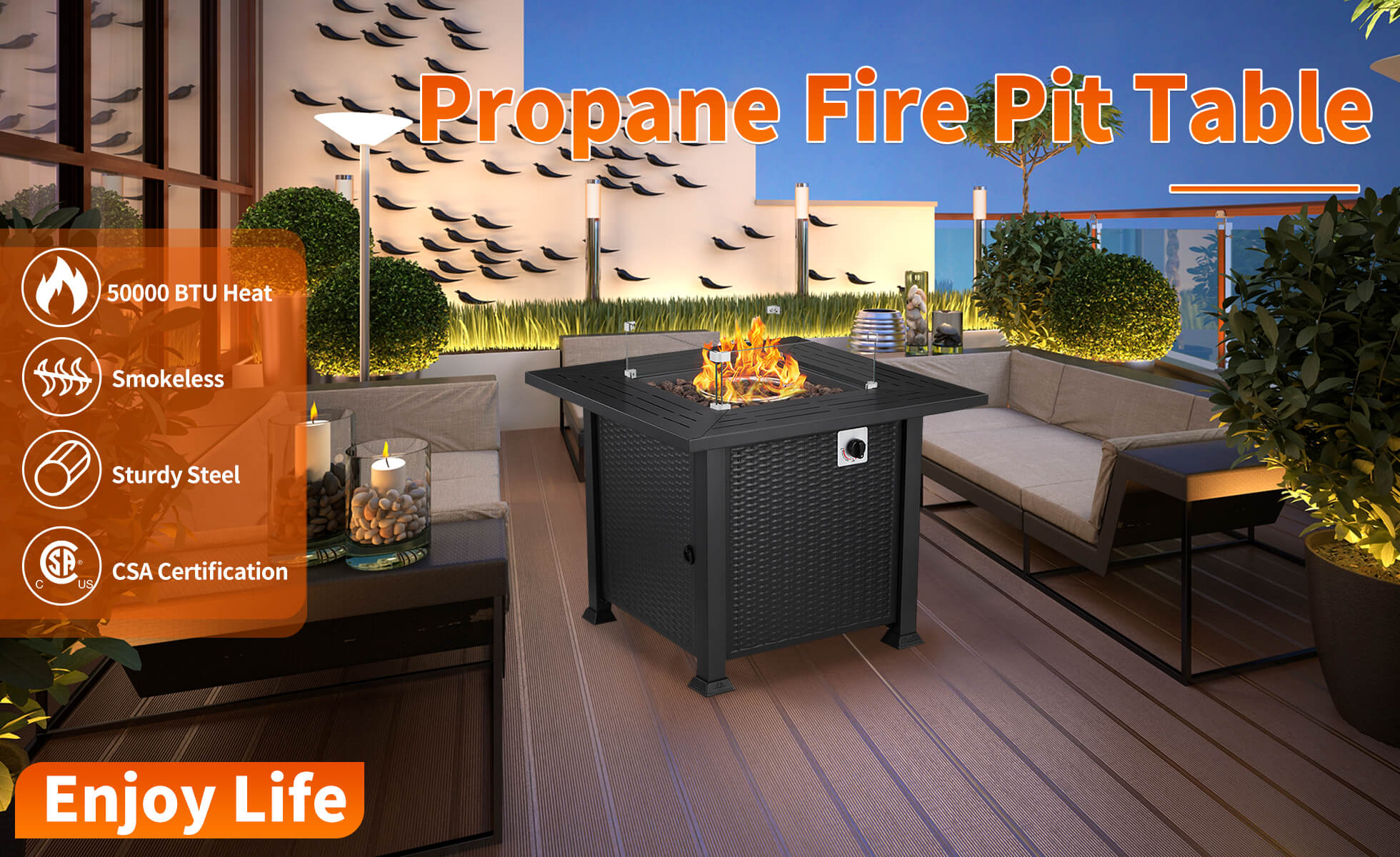 R.W.Flame 32inch Propane Fire Pit,2 in 1 Fire Pit Table 50,000 BTU with Glass Cover
