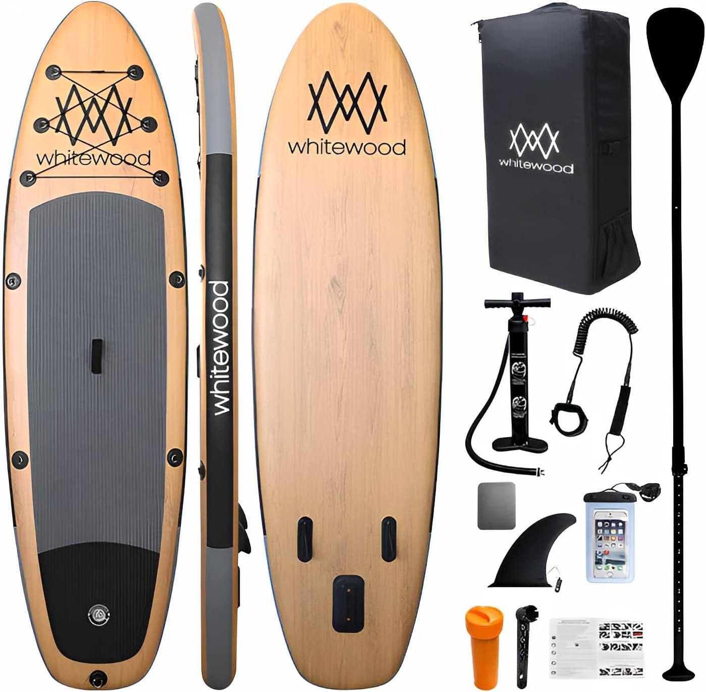 Whitewood SUP Tavola da Stand Up Paddle Surf Gonfiabile 10-11' / 305-335 cm Premium Disegno Legno con Accessori - Pagaia, Pompa, Zaino da Viaggio iSUP, Borsa impermeabile 鈥?200 kg, 2 o 3 Persone