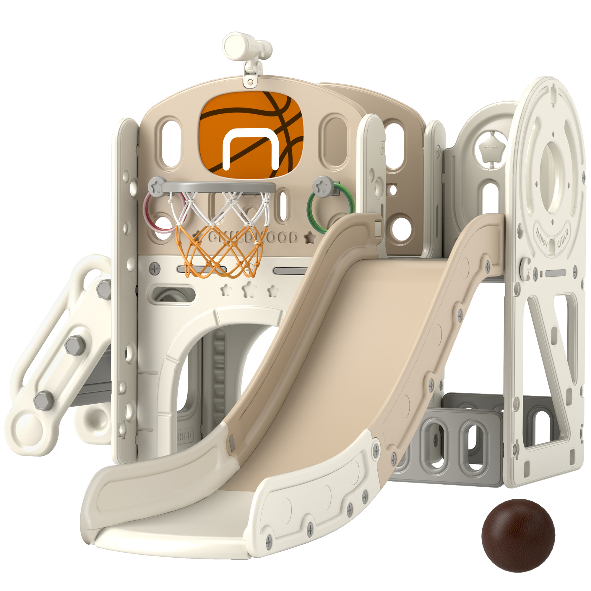 AIYAPLAY Kinder-Spielgerüst, 7-in-1 Rutsche, Indoor Spielplatz mit Stauraum und Krabbeltunnel, 186x153x111 cm, Cremeweiß