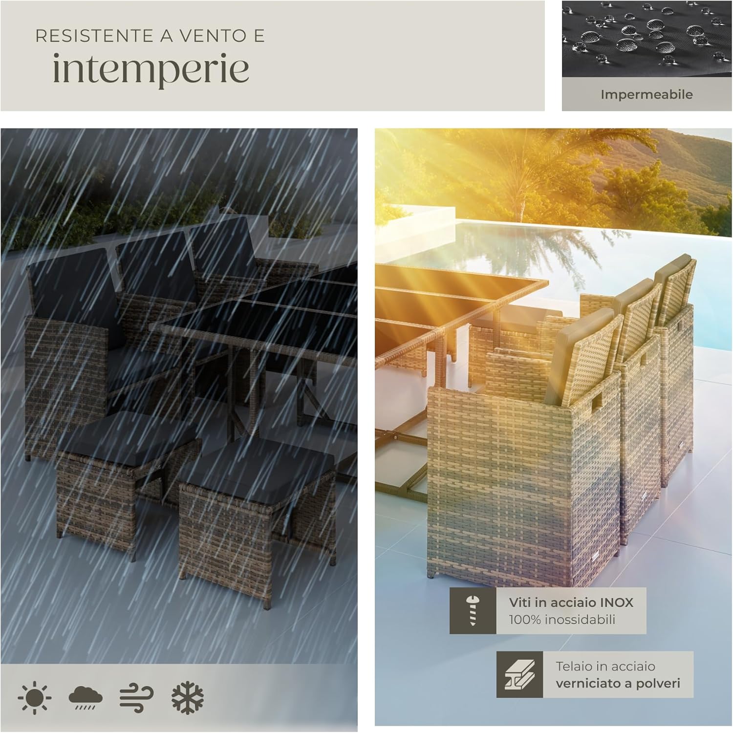 TecTake® Set in Poli Rattan, Set da Conversazione, Arredamento Giardino Elegante, 6 Sedie da Esterno, 1 Tavolo in Vetro, 4 Sgabelli, Ideale per Balcone, Giardino e Terrazzo - Naturale