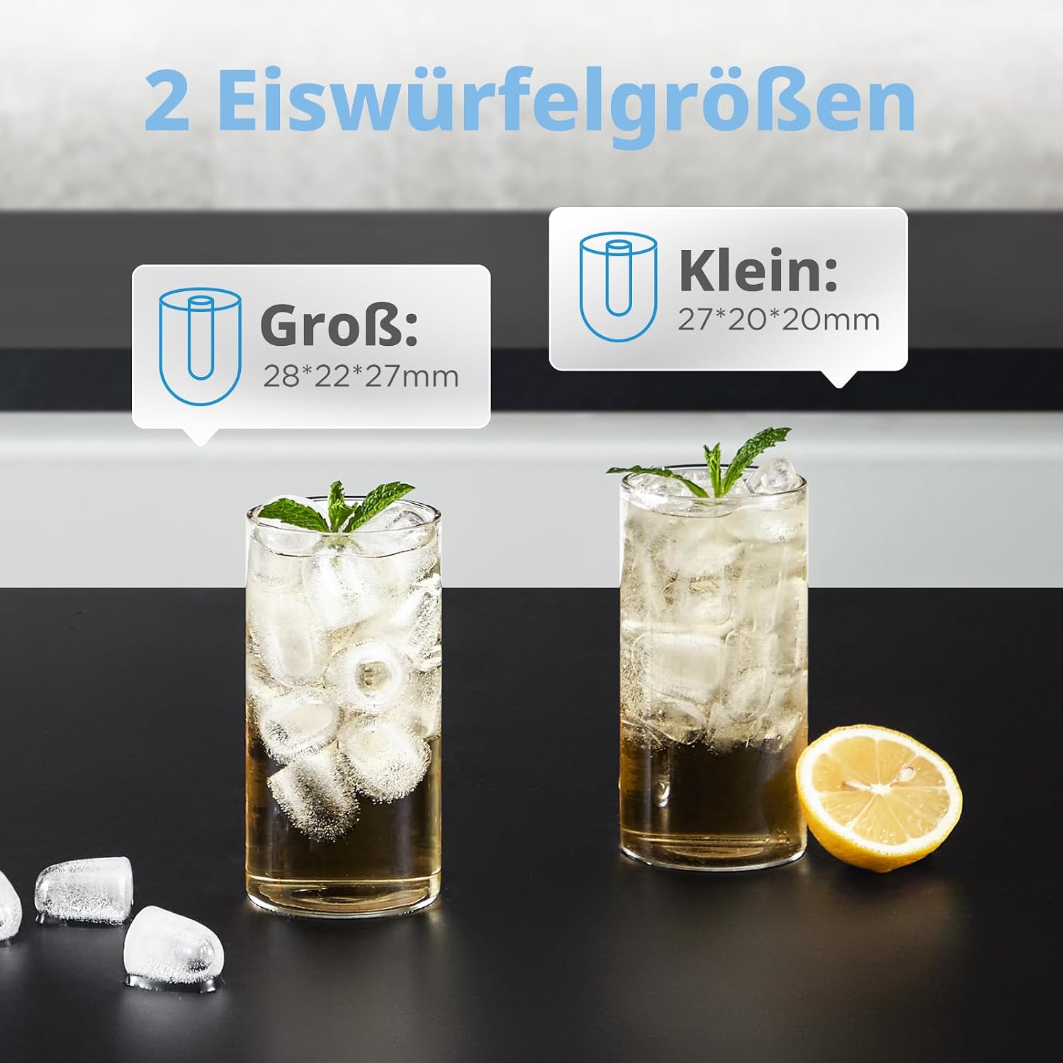 Comfee' RCI12BL1EU(E) Eiswürfelmaschine, 8 Eiswürfel in 6 Min.,12 kg/24 Std.,1,3L Wassertank, Selbstreinigungsfunktion, Kompakter Bullet Ice Maker, inkl.Eisschaufel & Korb für Zuhause– Schwarz