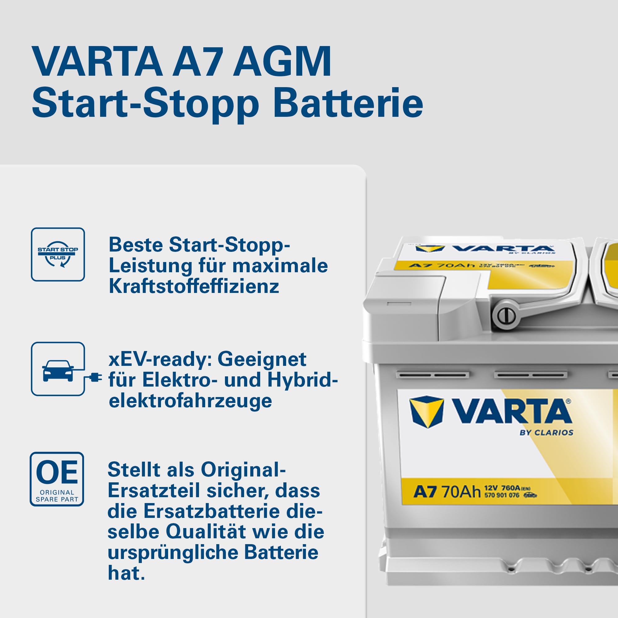 VARTA Dynamic AGM A7 12V 70Ah 760A Nassbatterie Starterbatterie Start Stopp xEV wartungsfreie Bleisäure