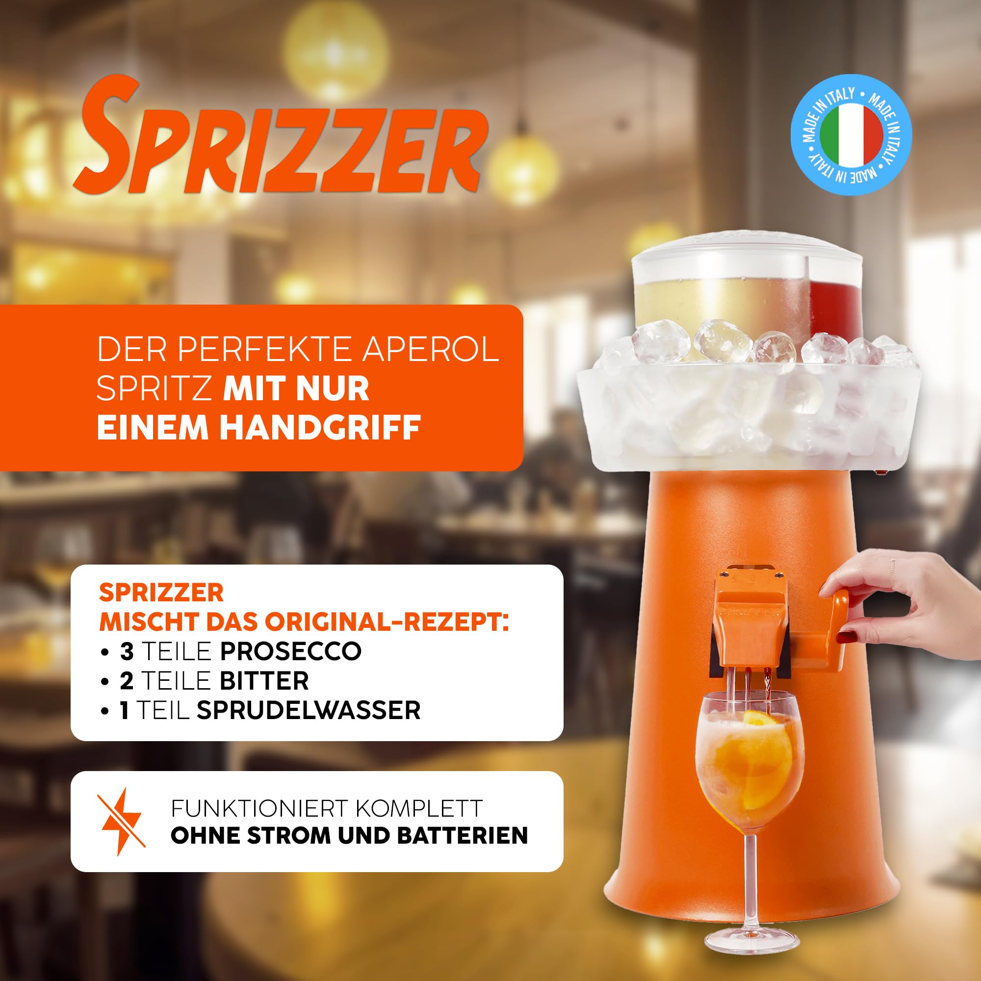 Sprizzer Aperol Spritz Maschine Dispenser Mischer Eisbehälter ohne Strom oder Batterien orange Made in Italy