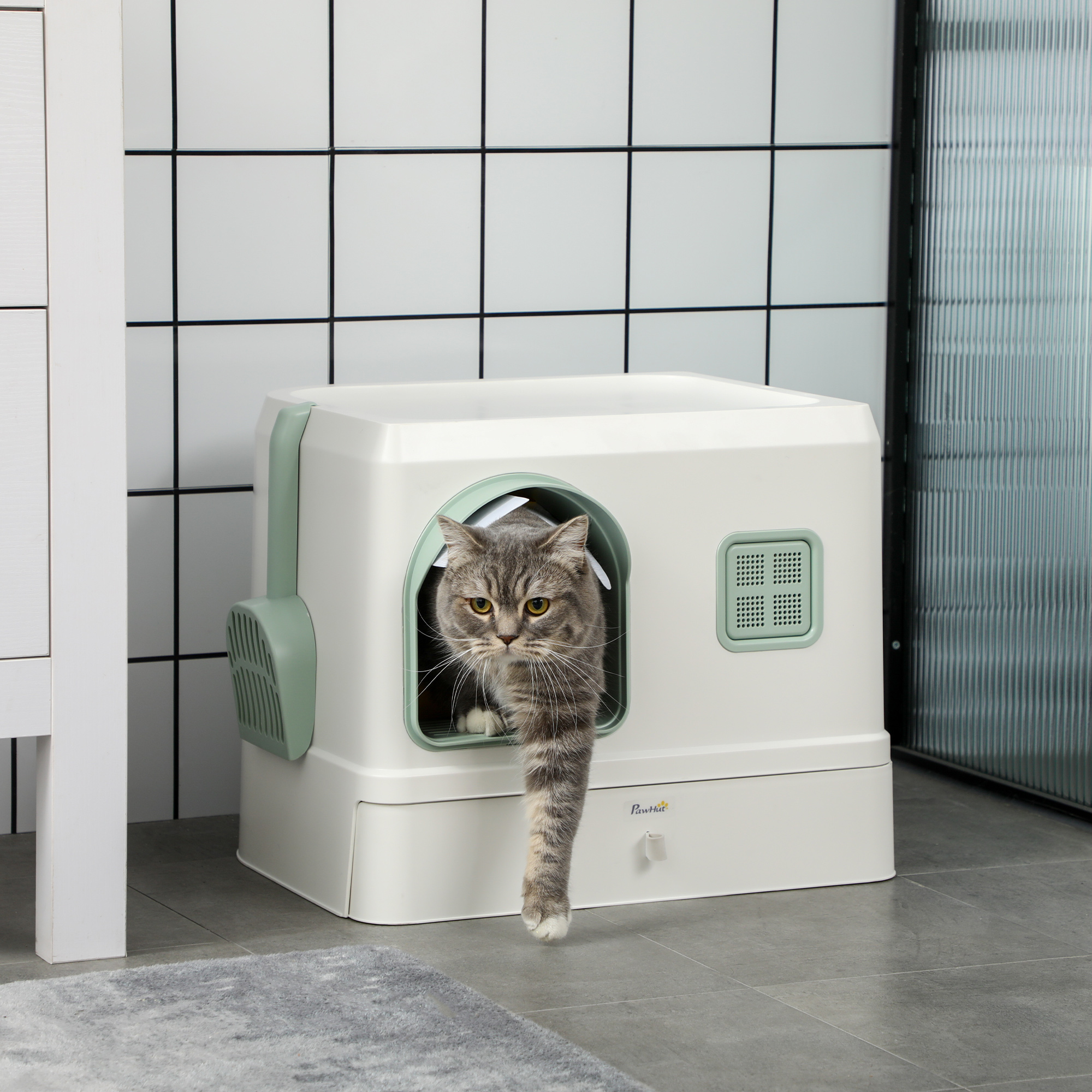 PawHut Katzentoilette mit Abdeckung, 1 Streuschaufel, herausnehmbare Bodenwanne, 50 cm x 40 cm x 40 cm, Mintgrün + Weiß