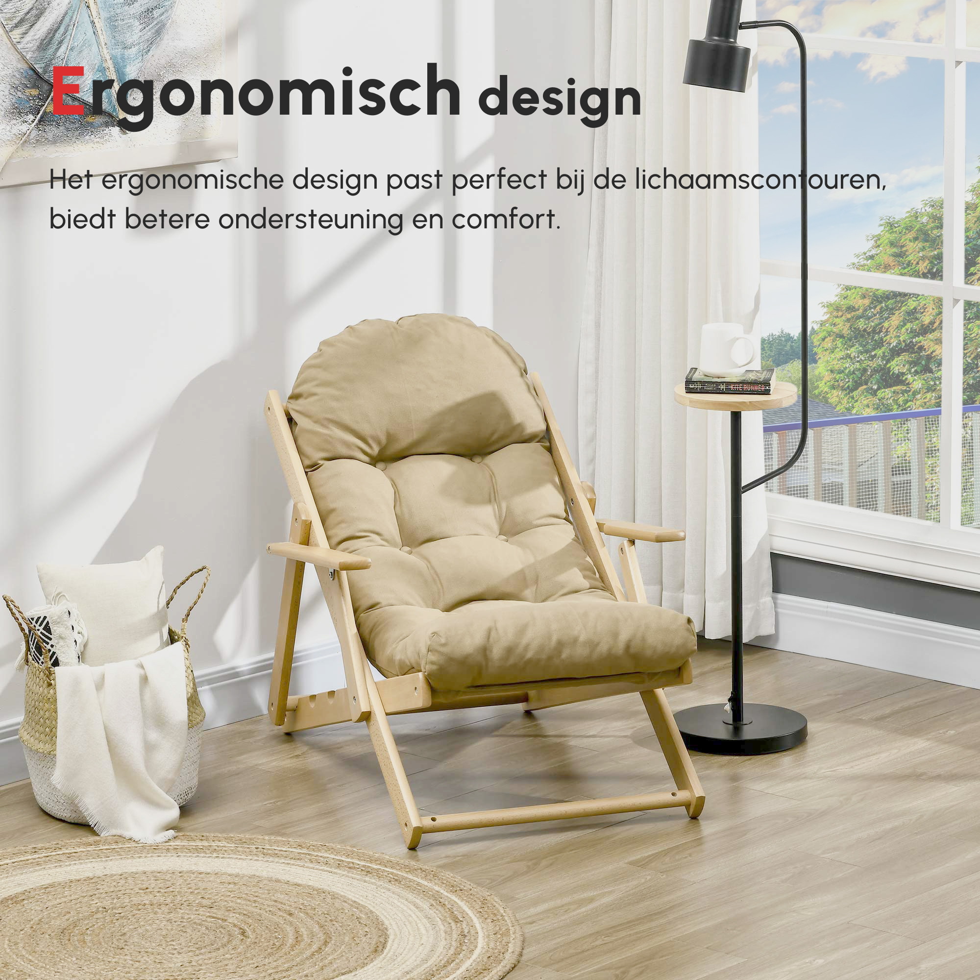 Accentfauteuil, Relaxfauteuil met Verstelbare Rugleuning, Beukenhoutframe, tot 120 kg, Bruin