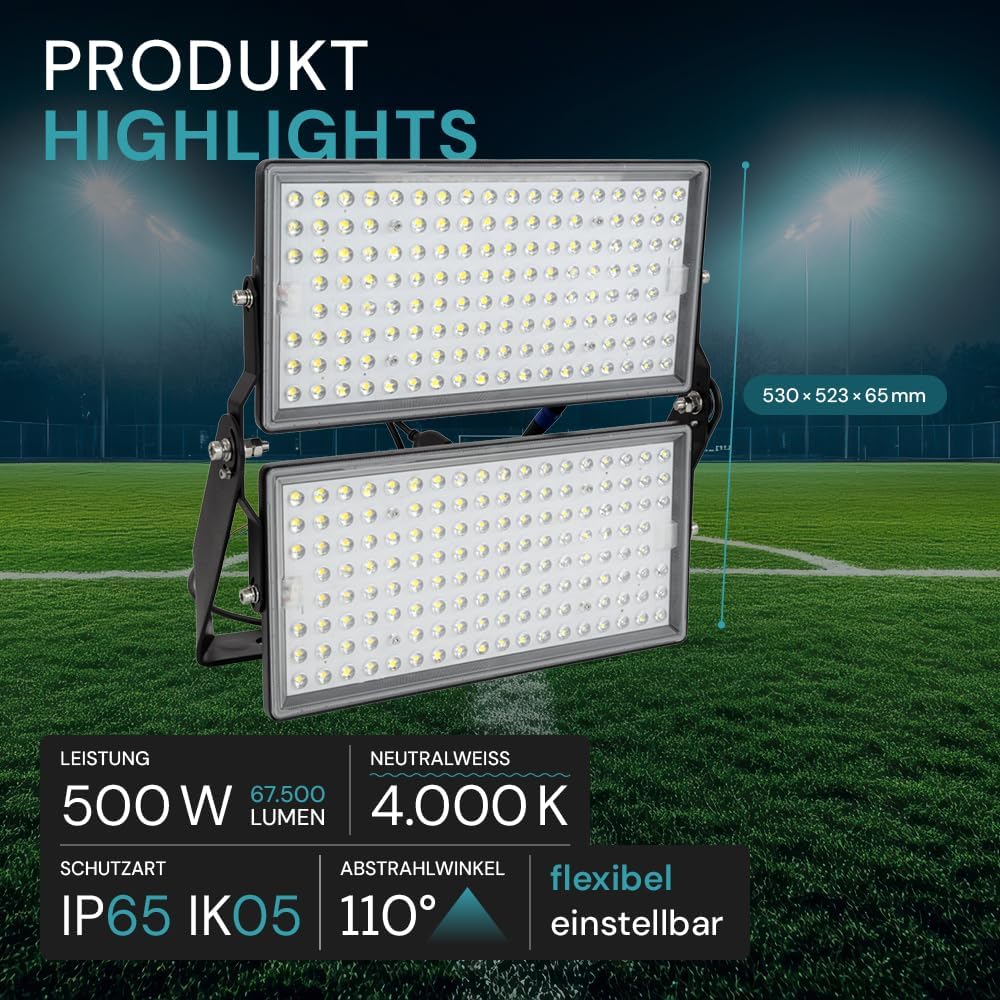 LUXULA LED Strahler Außen 500W 4000K Neutralweiß - 67.500lm extrem hell - IP65 Aussenbeleuchtung Wand Baustrahler Flutlicht für Baustelle, Sportplatz, Industrie, Gewerbe