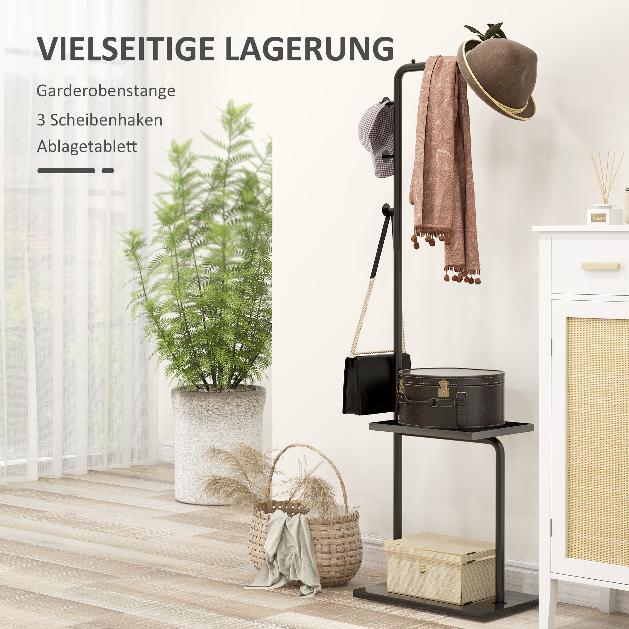 HOMCOM Kapstok met Kledingstang, 3 Haken, Opbergvak, Kunststeen Basis, Zwart