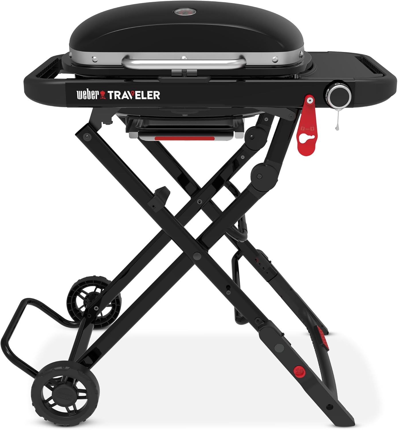 Weber Traveler Compact Gasgrill/Klappbarer und tragbarer Gasgrill mit Rädern, automatischer Deckelverriegelung und integriertem Thermometer, 1 Brenner, Grillfläche 52 x 36 cm, schwarz