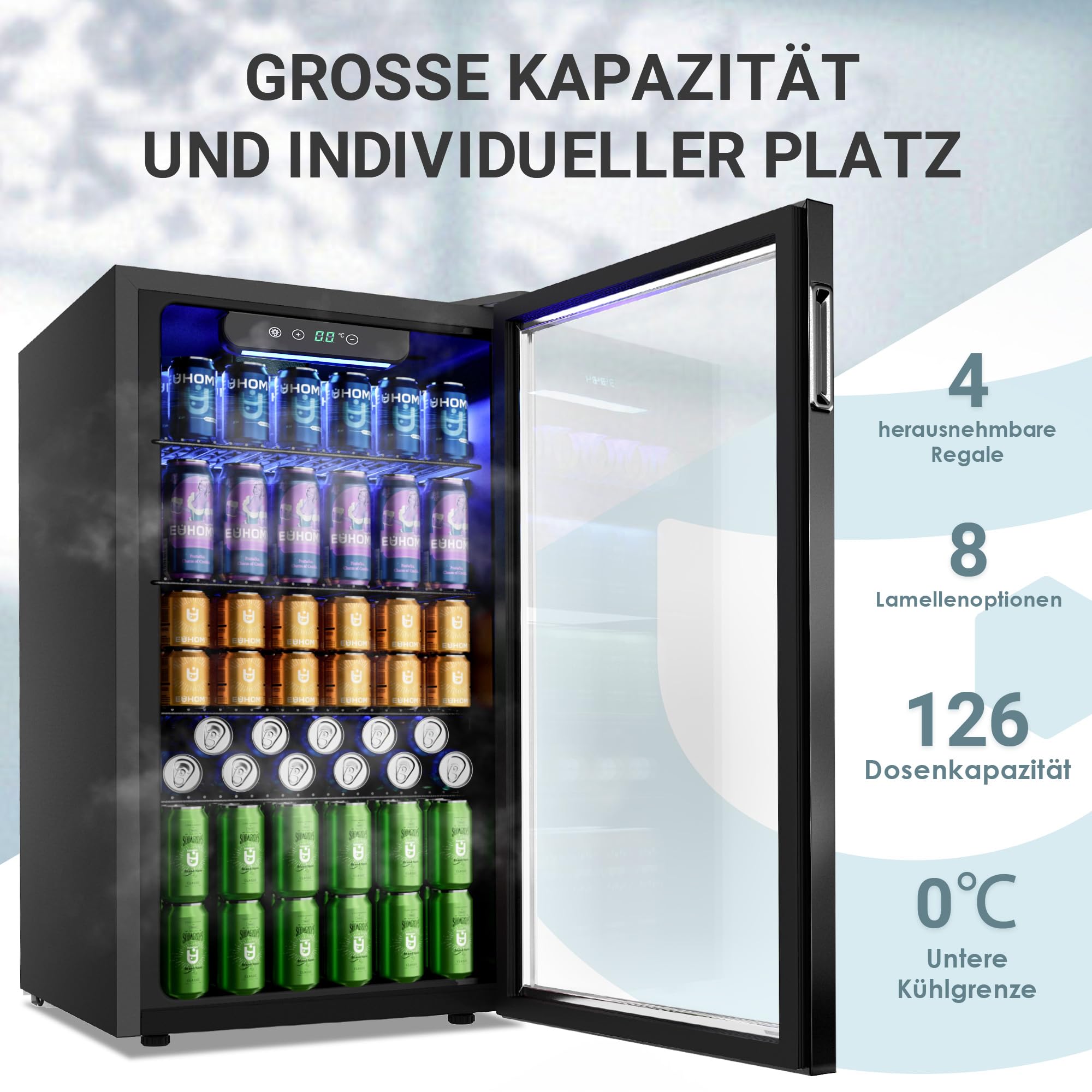 EUHOMY Getränkekühlschrank 90L mit Glastür 126 Dosen Schwarz für Bier Wein Wasser und Getränke zu Hause