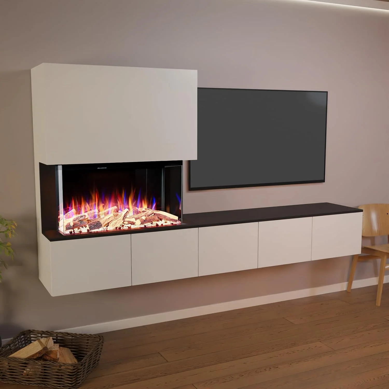 GLOW FIRE Kamin Fernsehwand CW5 rechtsoffen mit realistischem 3D E-Motion LED-Feuer, 250x139.5x42.4 cm, max. 1500 W, Stand-Elektrokamin mit Heizung