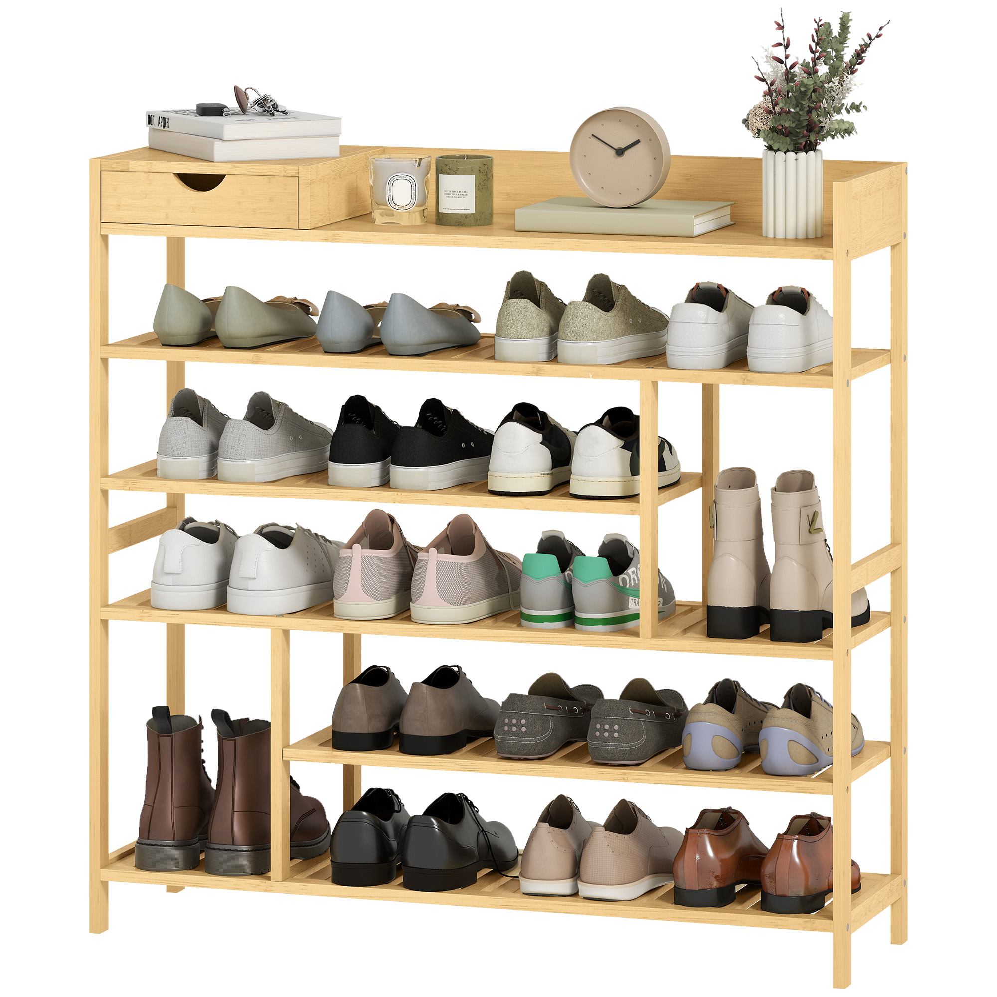 HOMCOM Schuhregal, Schuhständer mit 6 Ebenen, Schublade aus Bambus, für max. 18 Paar Schuhe, Schuhablage für Eingang, Schlafzimmer, 101 x 30 x 100 cm, Natur
