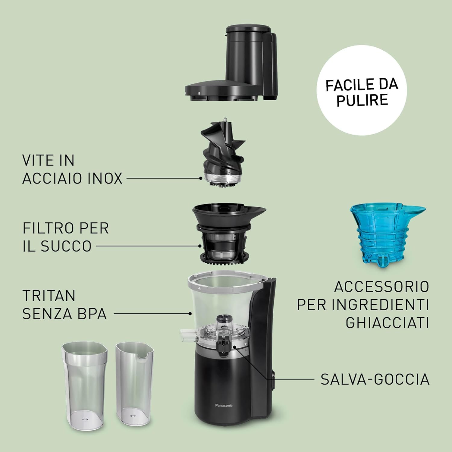 Panasonic Slow Juicer MJ-L700KXE, Estrattore Elettrico, Spremitura di Frutta e Verdura Intera, Apertura 75mm, Design Elegante e Sottile, Sicuro e Pratico, Nero