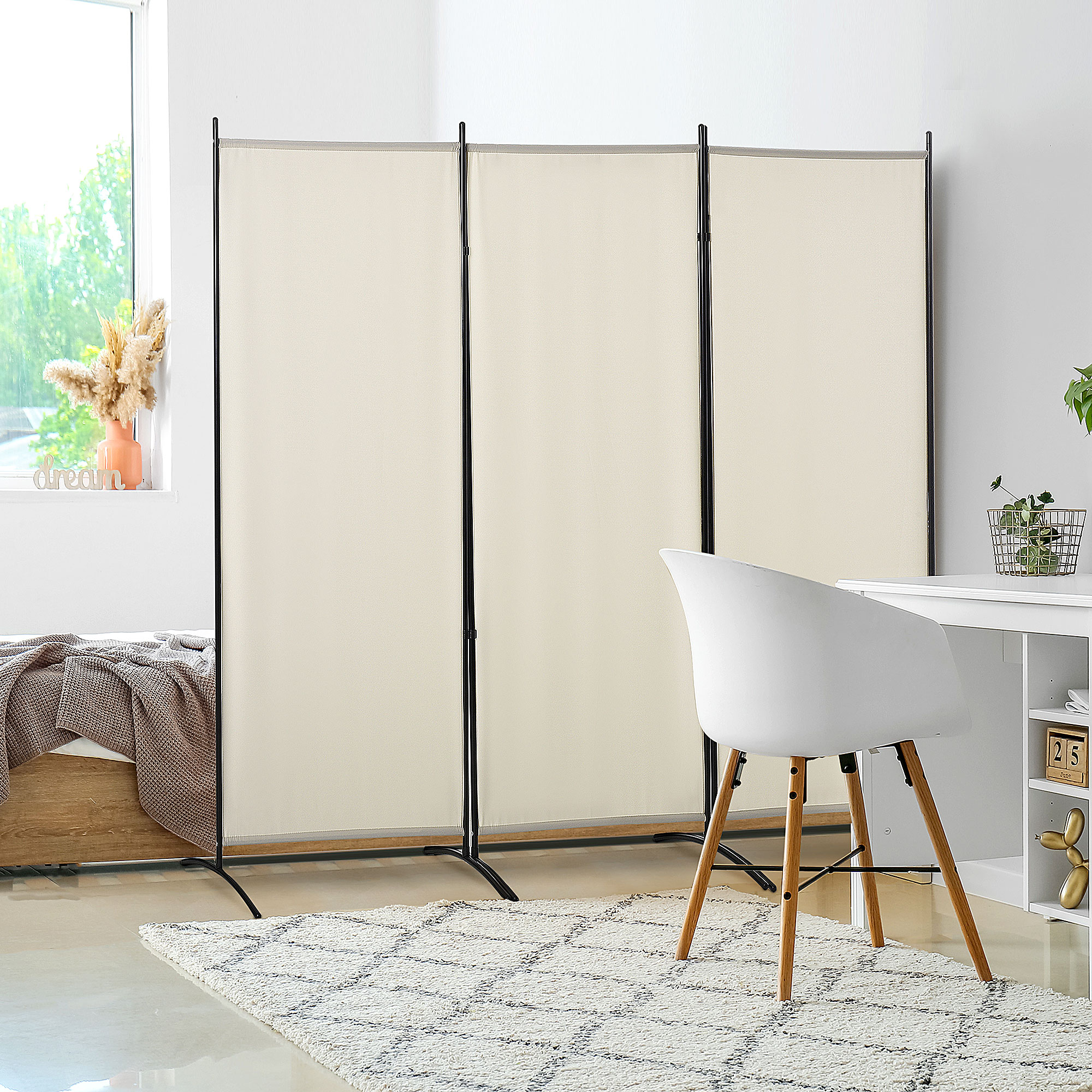 HOMCOM Paravent 3 Paneele Abmessungen 2,53L x 0,5B x 1,82H m Seitlicher Store Sichtschutz-Paravent auf Standfuß Metall Polyester