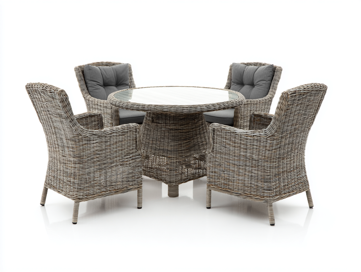 Garten-Essgruppe-Polyrattan-175x175x85 cm-Naturfarben-Grau-Outdoor-Gartenmöbel-Rundtisch-Modernes-Design