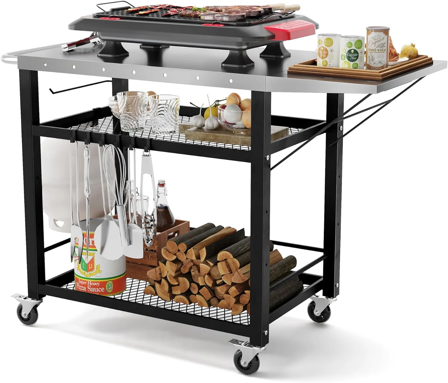 LUE BONA Outdoor Grill Cart Table &ndash; Portable, Foldable with Adjustable Storage & Tool Hooks