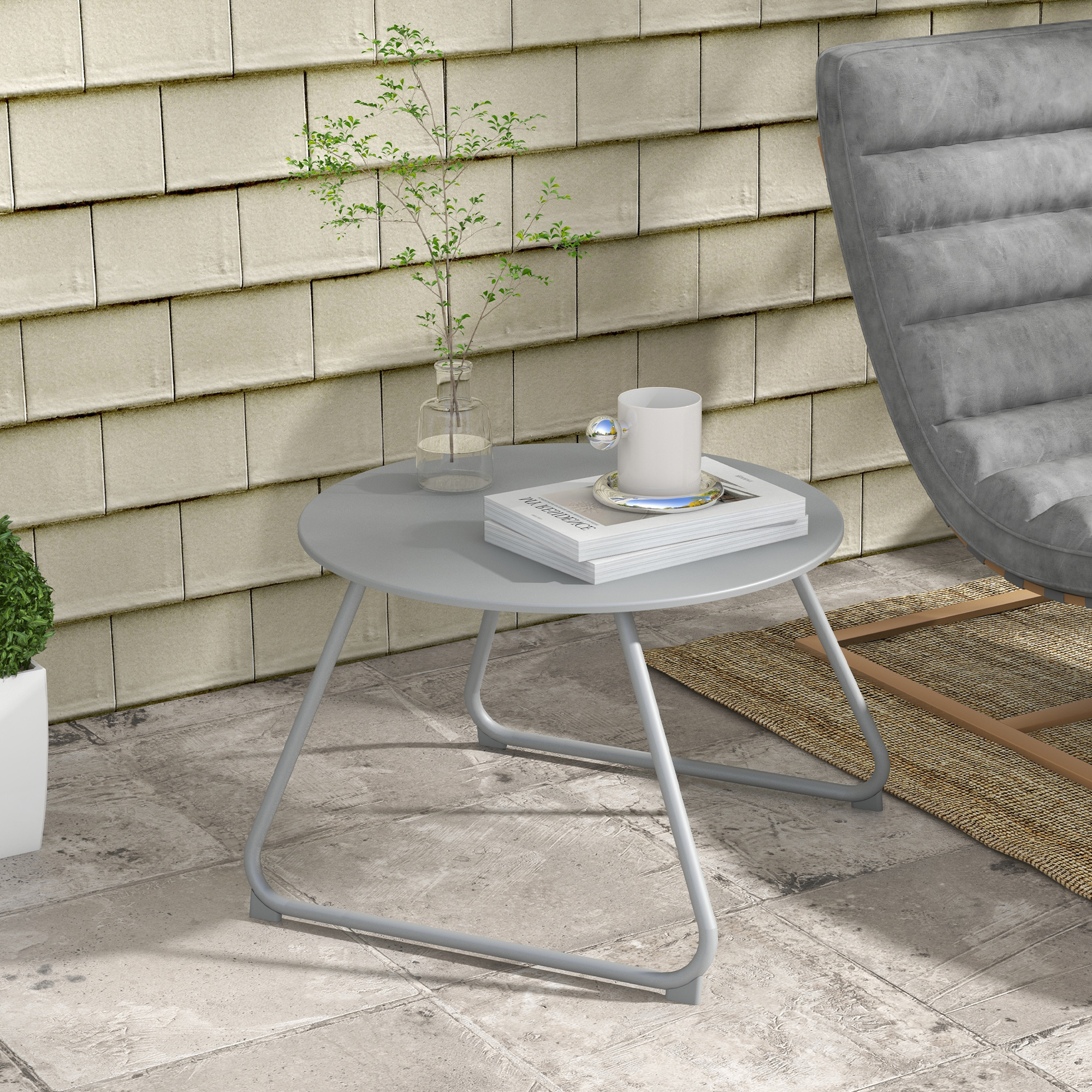 Outsunny Gartencouchtisch rund, Außentisch, Ø60 cm, verstellbare rutschfeste Gleiter, Epoxidmetall, Grau