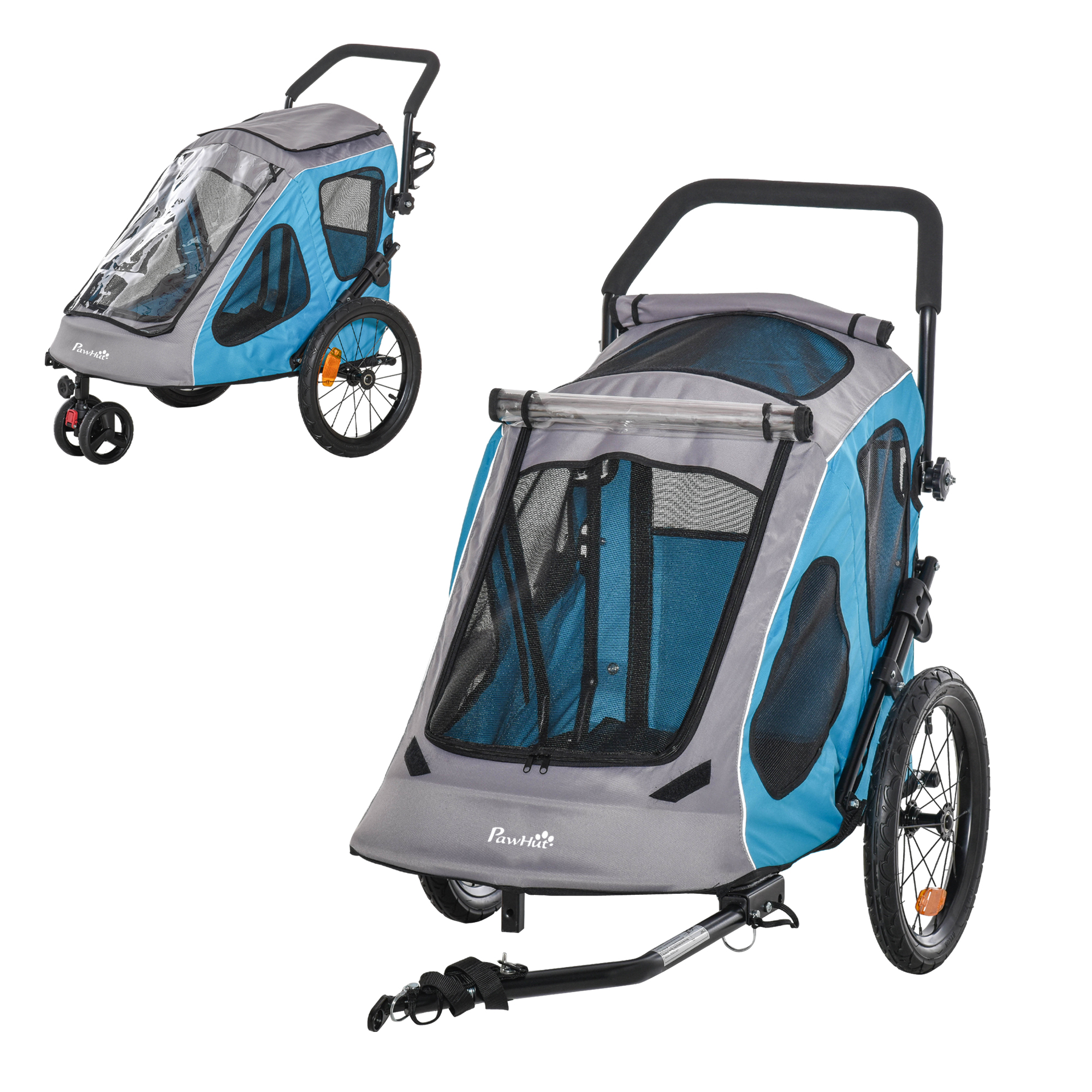 PawHut 2-in-1 Hundeanhänger Hundewagen bis 20kg klappbar Sicherheitsleine Reflektoren Stahl Blau+Grau