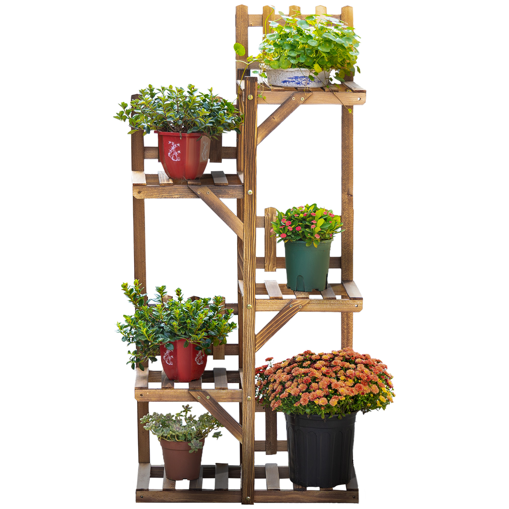 Outsunny Blumenleiter aus Holz mit Pflanzenstützen Pflanzenständer aus Holz 5 Regale Verziert mit kleinen Zäunen 60 x 30 x 130 cm Kiefernholz karbonisiert für Innen Garten Terrasse Balkon