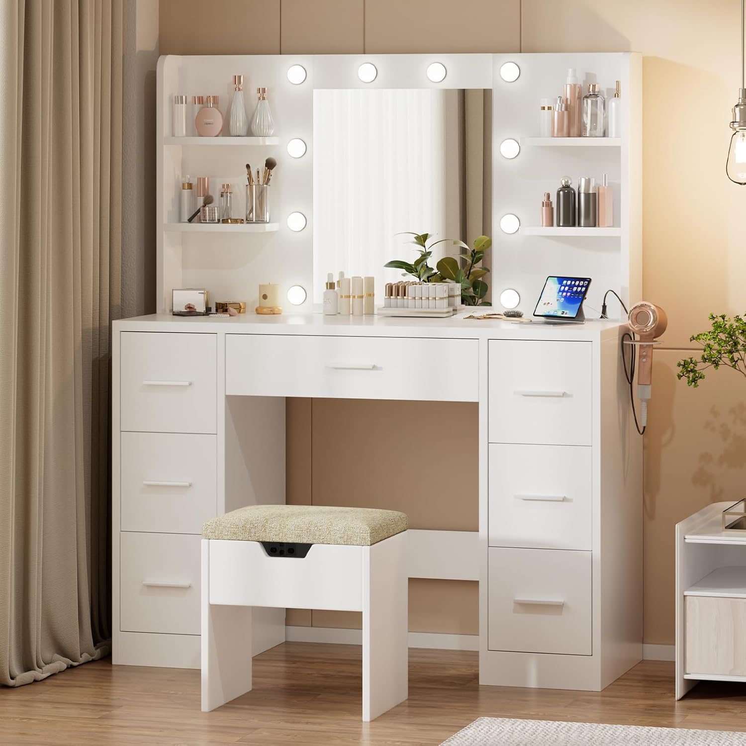 JUMMICO 108 cm Makeup Vanity Table with 10 LED Lights, 3 Colours, Adjustable Brightness, Makeup Desk with Sockets, 7 Drawers and 6 Open Shelves, Makeup Table (White)