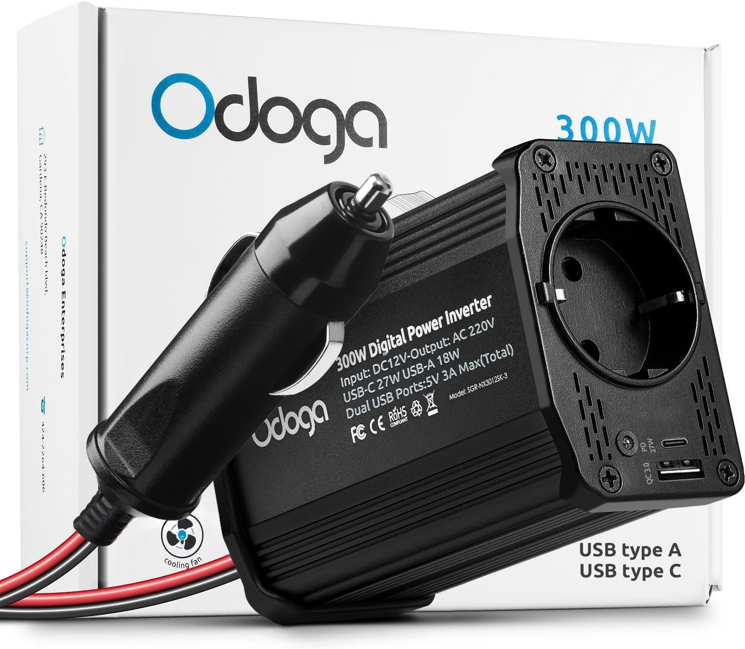 Odoga Inverter 12v 220v Auto, 300W Convertitore – Adattatore Presa Auto a Presa Elettrica – Trasformatore per Auto & Camper Con Doppia Porta di Carica USB