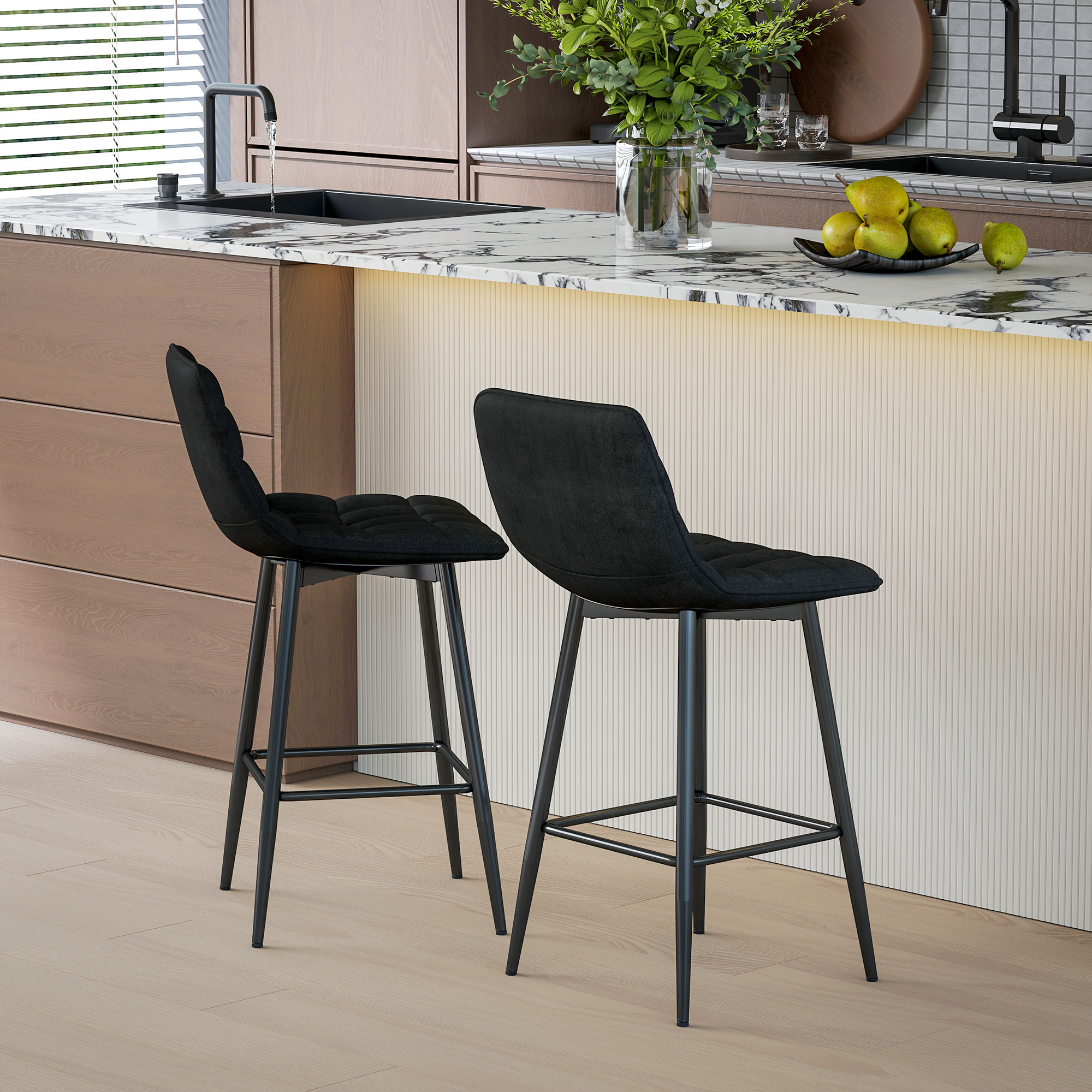 HOMCOM Set 2 Barhocker im skandinavischen Stil aus Samteffektstoff und Metall, 45x47x84 cm, Schwarz