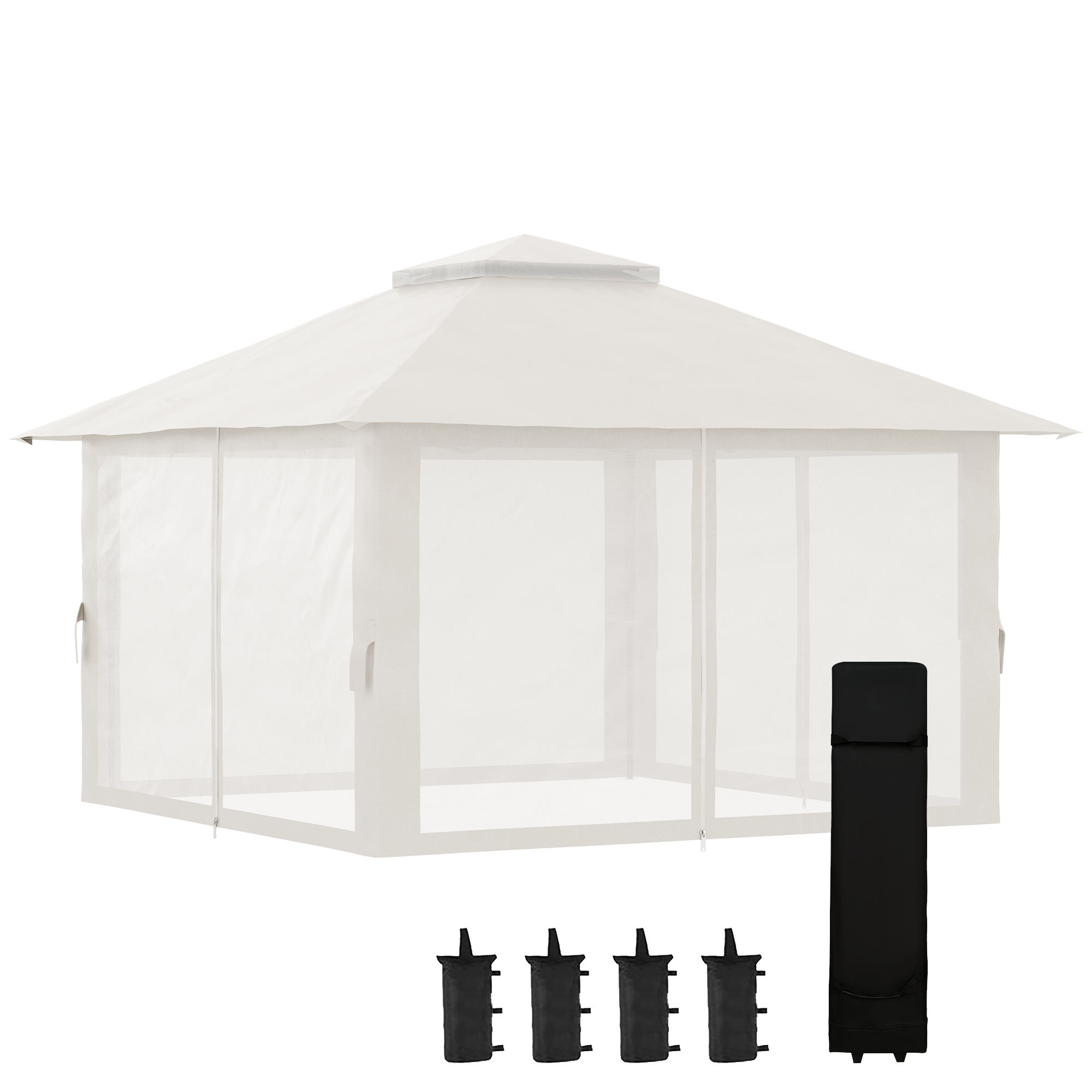 Outsunny Faltpavillon, höhenverstellbar, 4 Netzwände, Lüftungsdach, Tragetasche, Schnellaufbau, 4 x 4 x 3 m, Cremeweiß