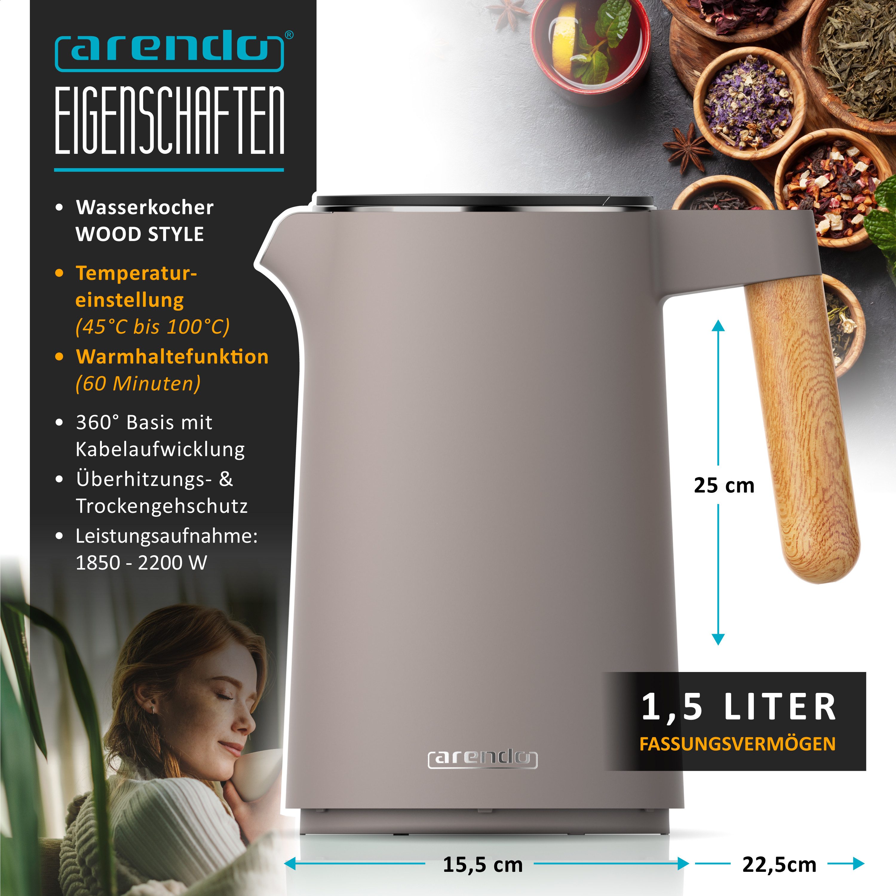 Wasserkocher Edelstahl, Temperatureinstellung 40° - 100 °C mit Anzeige, Doppelwand