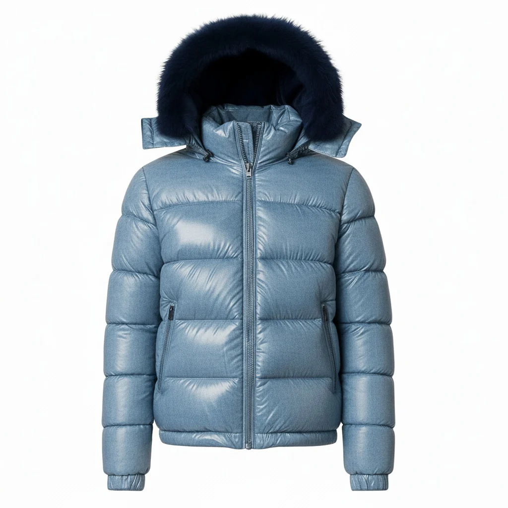 12 Pack Adult Shiny Bubble Jacket with Fur Hood in Denim