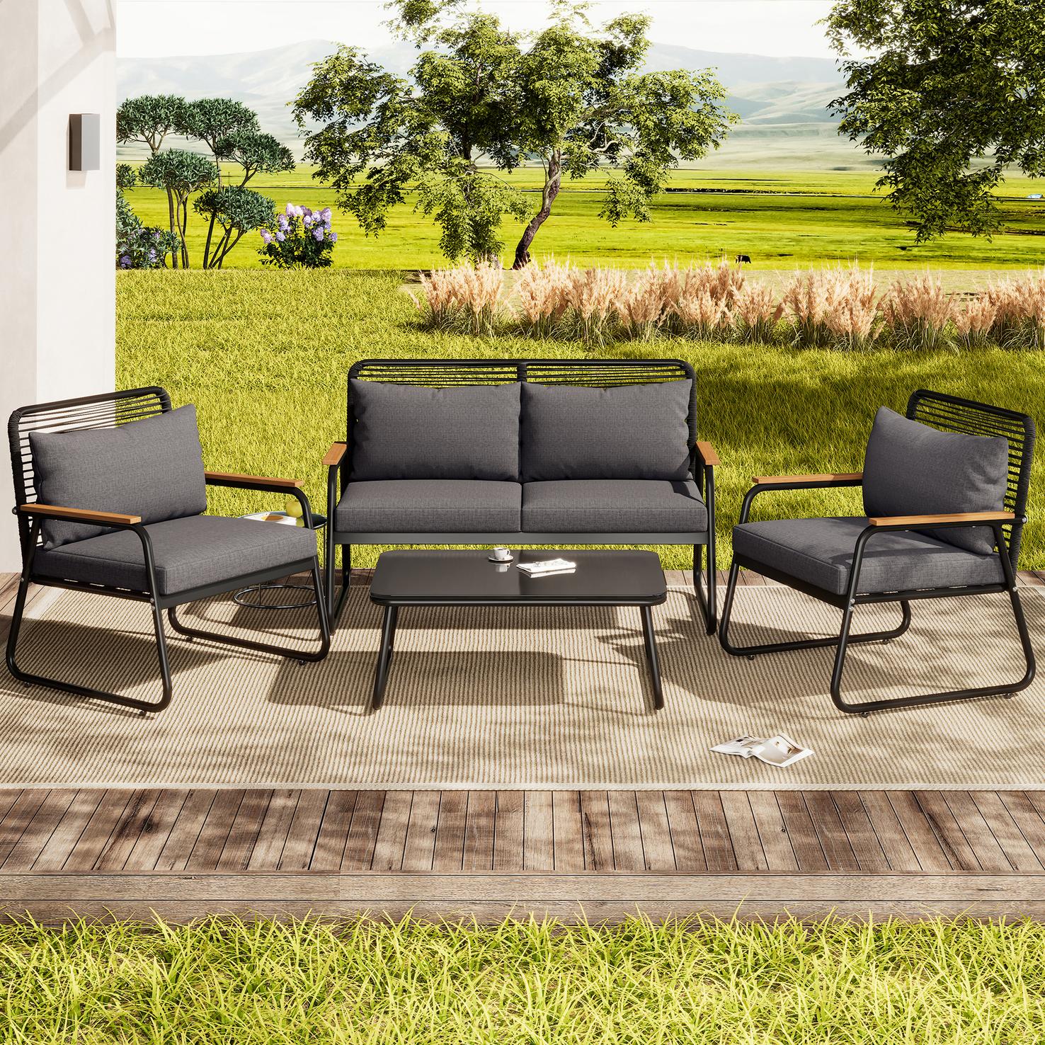 Loungemöbel 4-Personen-Set mit Doppelsofa, 2 Einzelsofas und Couchtisch, perfekt für Garten und Freizeitgebrauch, schwarz